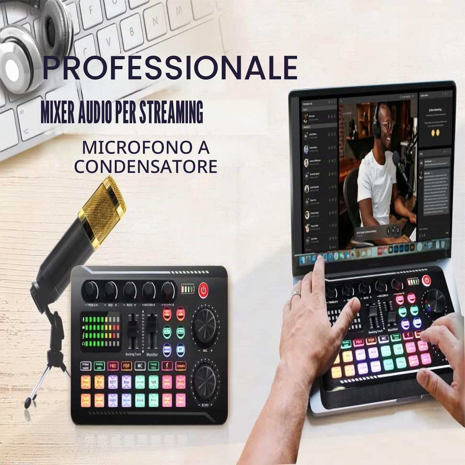 Set di microfoni per podcast, BM-800 Set di microfoni a condensatore con kit scheda audio F998 live, set di attrezzature per podcast con cambiavoce e funzioni di mixaggio