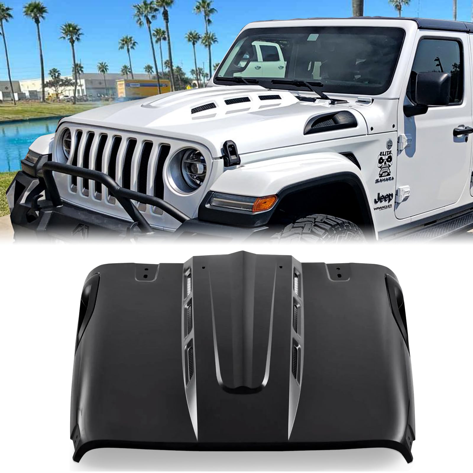 Avenger Style Vented Hood Compatible with 2018–2025 Jeep Wrangler JL JLU & 2020–2025 Gladiator JT, Steel Heat Dispersion Replacement Hood, Black