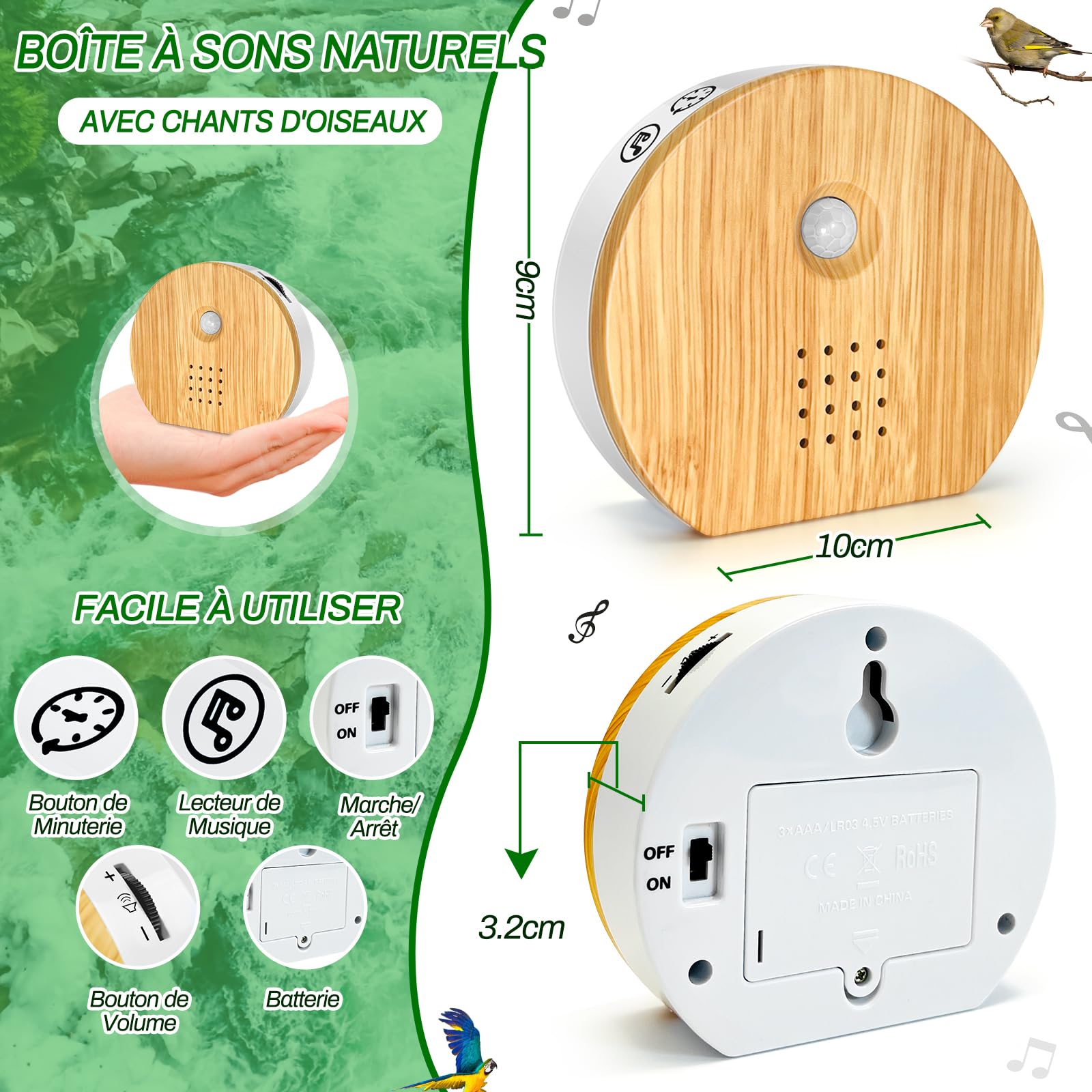 Boîte détecteur de Mouvement avec Chant d'oiseaux, Rodukee Boîte Soundbox Oiseau avec Minuterie, 9 Naturels Birdsongs, Murmure de Ruisseau, Source Forestière, Boîte à Musique Relaxante et Détente