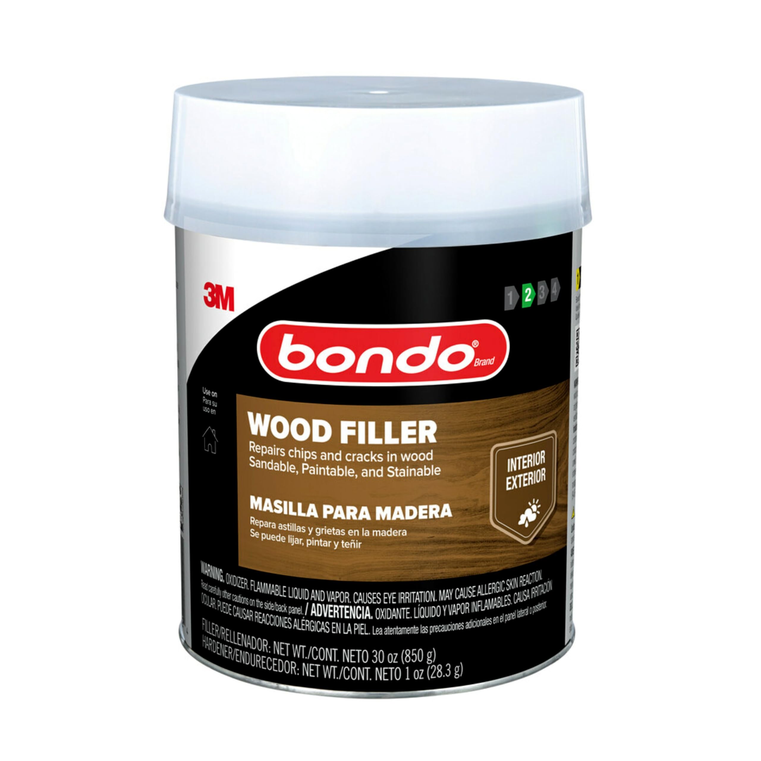 3M Bondo Wood Filler 30 oz (850.49 g) with Bondo Cream Hardner 0.5 oz (14g), Repairs Chips and Cracks in Wood, Sandable, Paintable, and Stainable (WF-QT-ES)