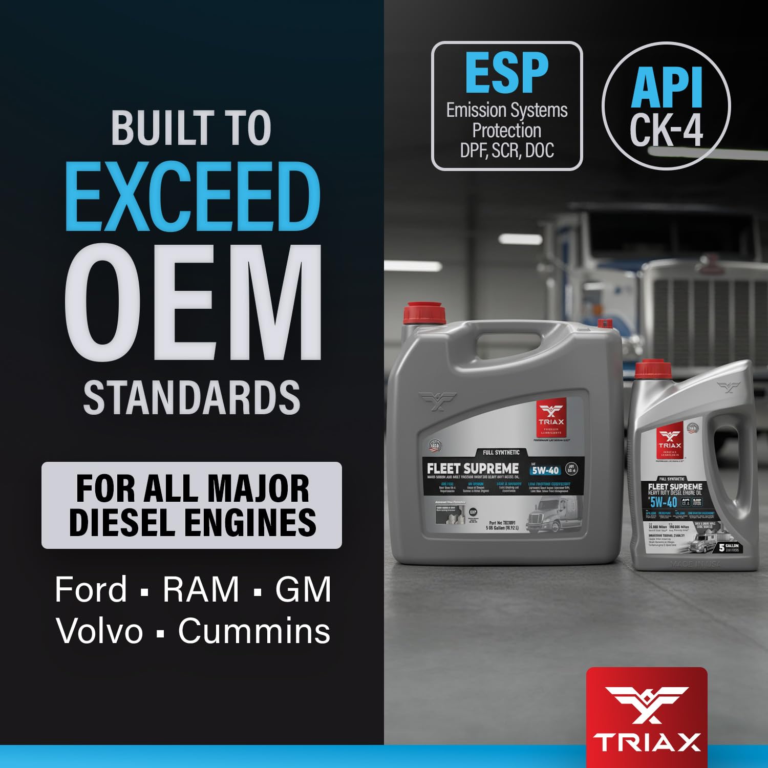 Triax Fleet Supreme 5W-40 API CK-4 Full Synthetic Heavy Duty Diesel Engine Oil | Moly Boron Friction Modified | Extended Drain (5 Gallon)