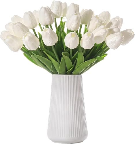 White Artificial Tulips, 20 Pcs PU Real Touch Faux Flowers | 13.5" tall, 20 bendable stems, fake flowers for wedding centerpiece, bridal bouquet, home, kitchen, vase decor