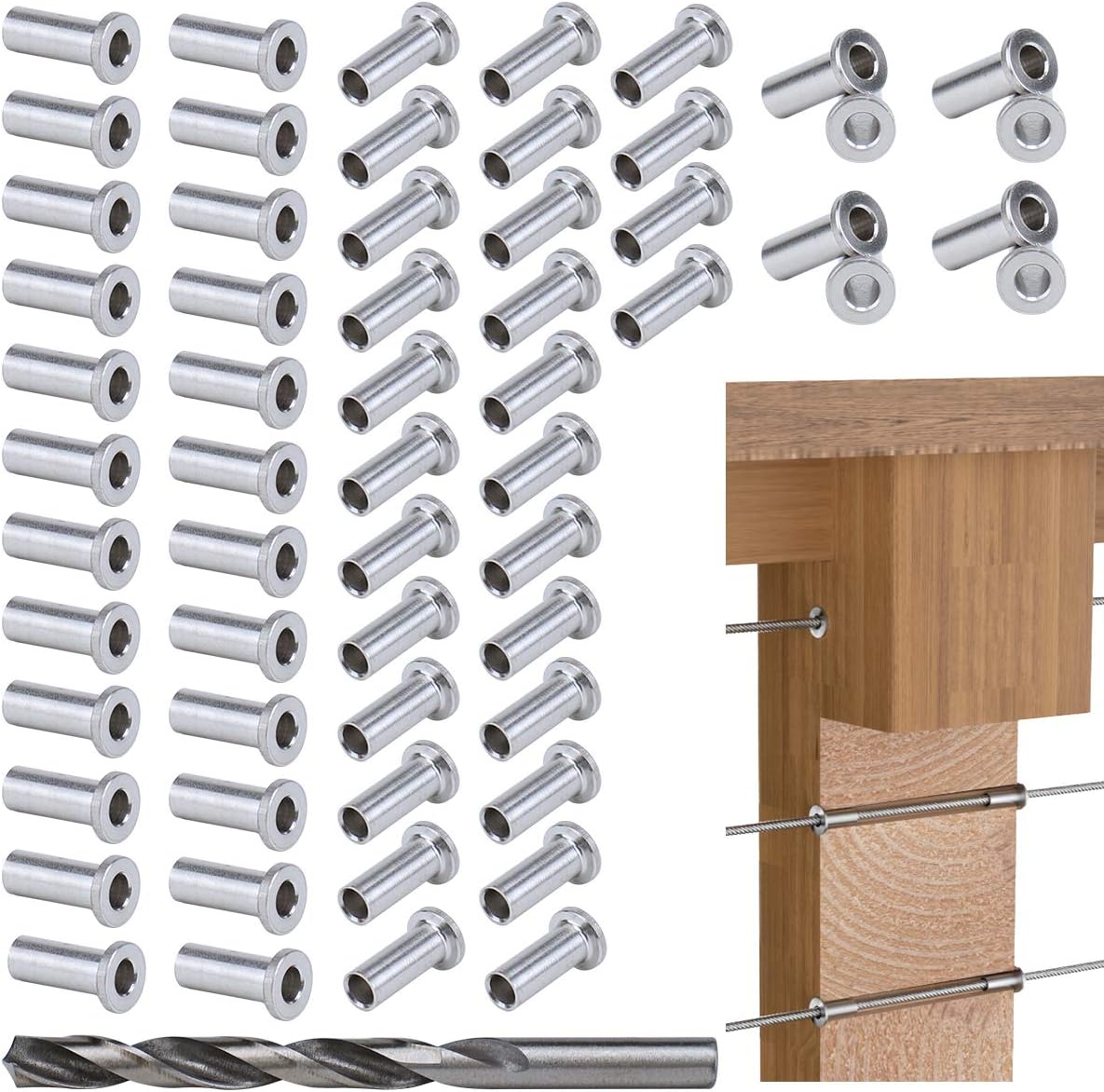 Muzata 60Pack Cable Railing Kit Protective Protector Sleeves Grommet for Wood Posts for 1/8" 5/32" 3/16" Wire Rope T316 Stainless Steel Cable Deck Hardware CR88