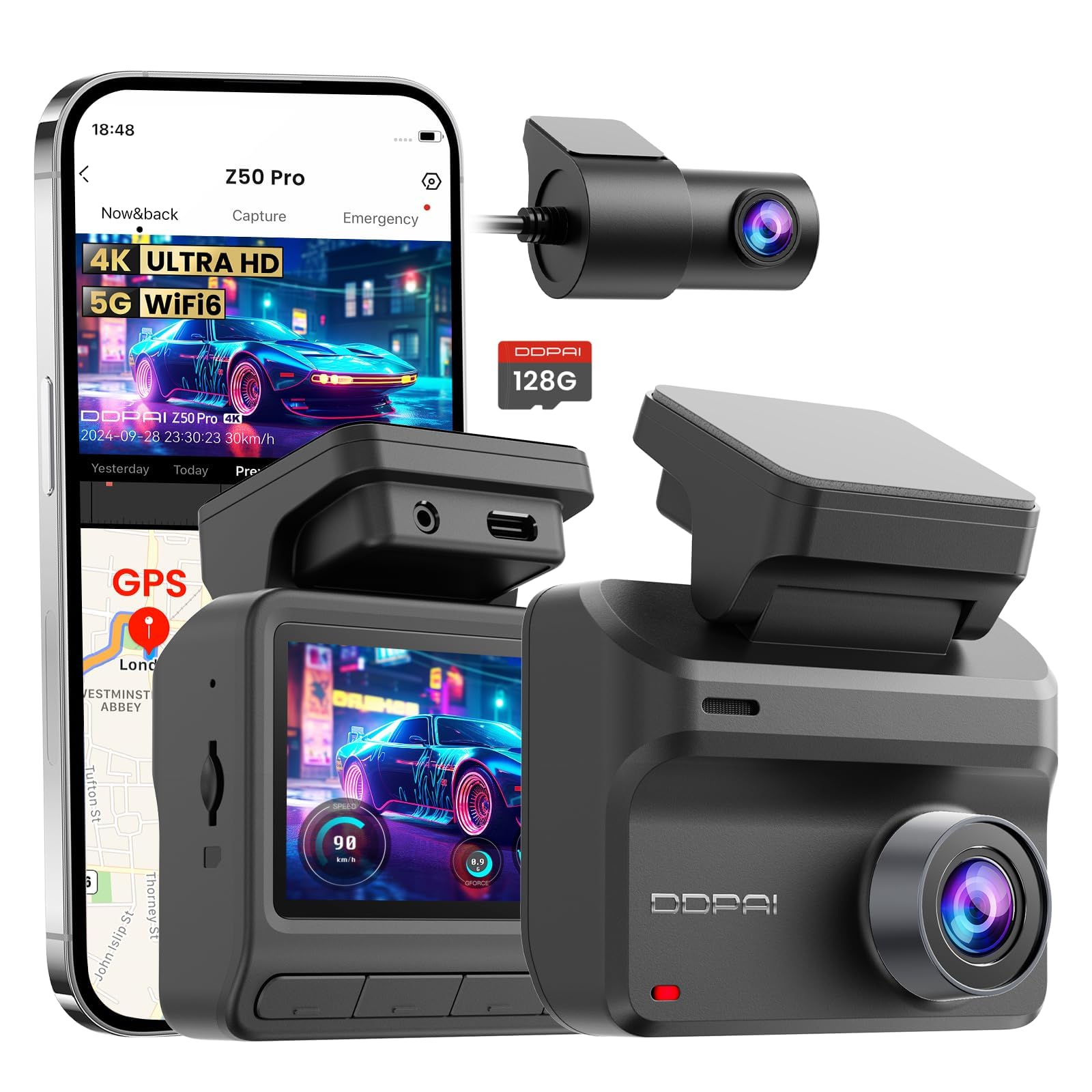 DDPAI Dashcam Voiture Avant Arrière, 4K + 1080P Camera Voiture, Carte 128 Go Incluse, Vision Nocturne AI-ISP, Compatible 4G LTE, WiFi 6 5GHz, GPS, Mode Stationnement 48H, Écran IPS 3", Z50 Pro