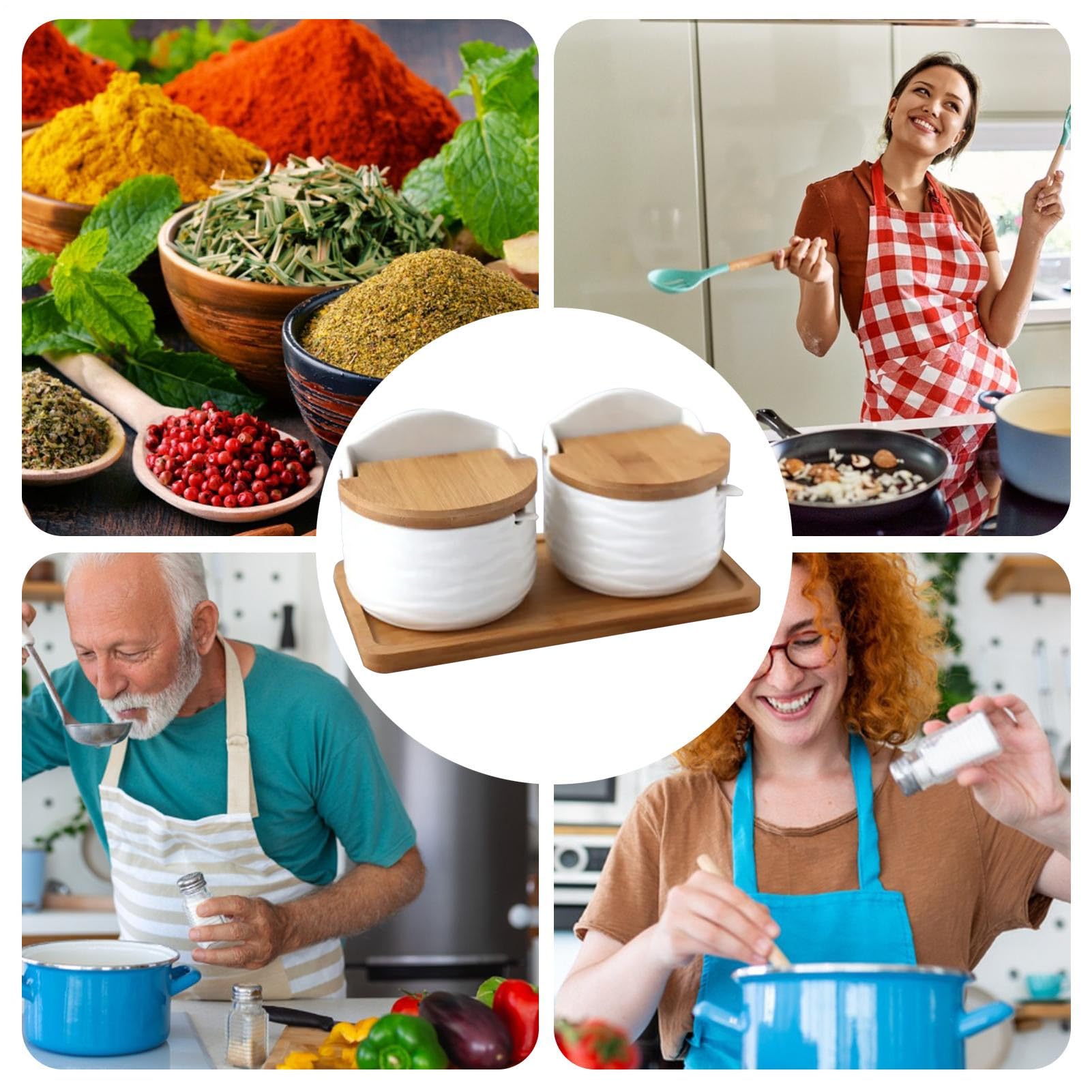 Saliera Con Coperchio, 2 Contenitori In Ceramica Con Cucchiaio