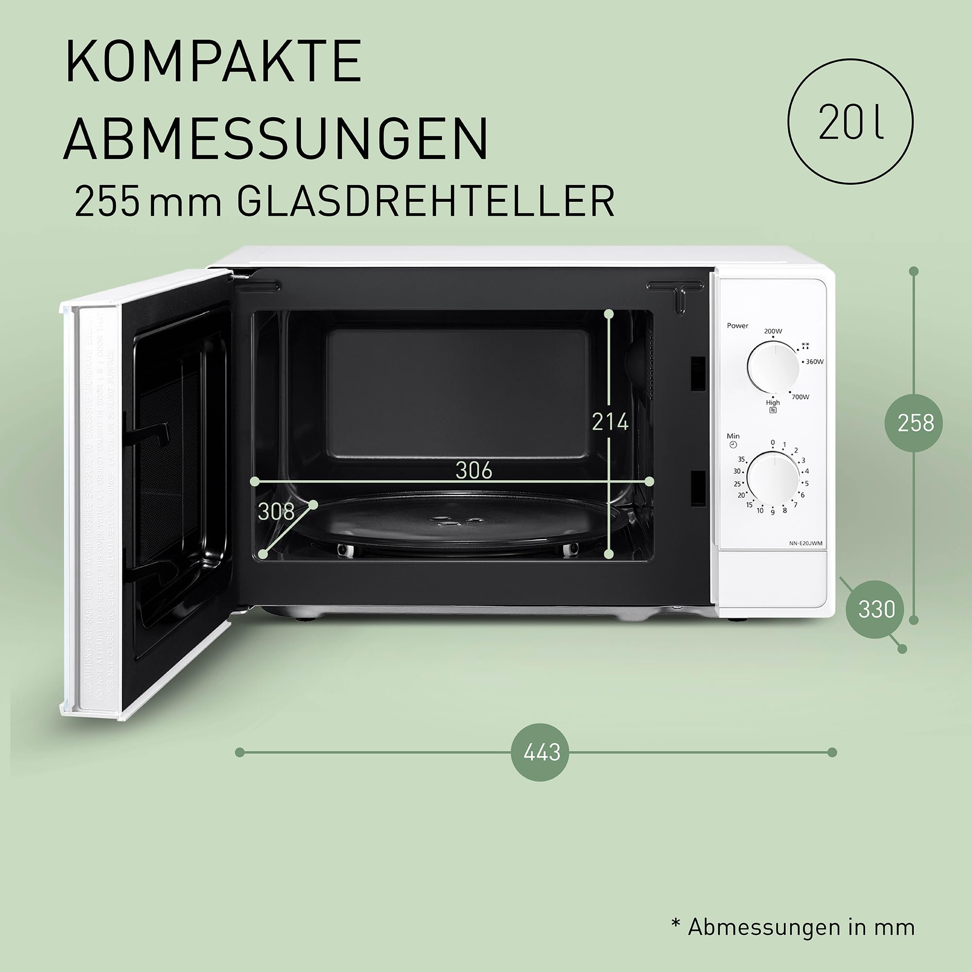 Panasonic NN-E20JWMEBG Mikrowellenofen 20L 800W Glasteller Auftaufunktion 5 Leistungsstufen Timer Weiß