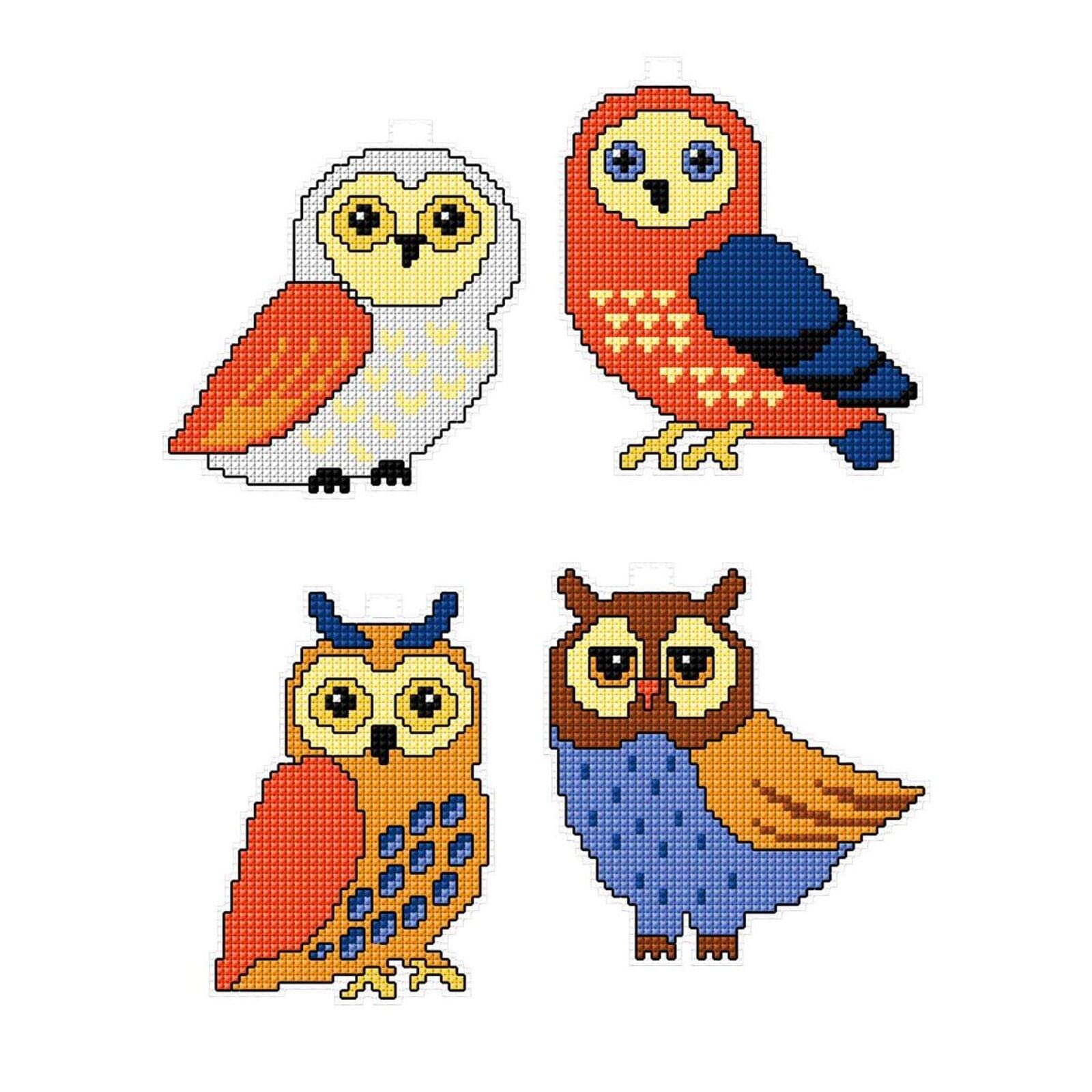 Crafting Spark Multicolored Counted Cross-Stitch Kit On Plastic Canvas With Owls. 4 Wonderful Ornaments Different Dimensions 110Cs. Marvelous For Embroidery & Needlework Amateurs