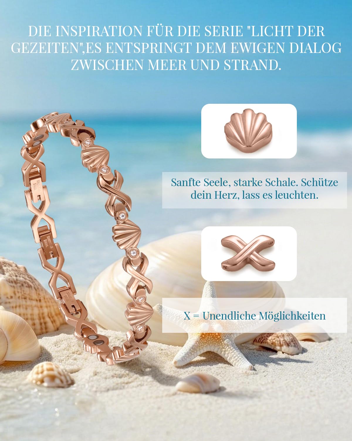 RainSo Bracelet magnétique pour femme en acier inoxydable, design coquillage avec incrustation de diamants, aimant puissant 3800 gauss, taille réglable, emballage cadeau élégant