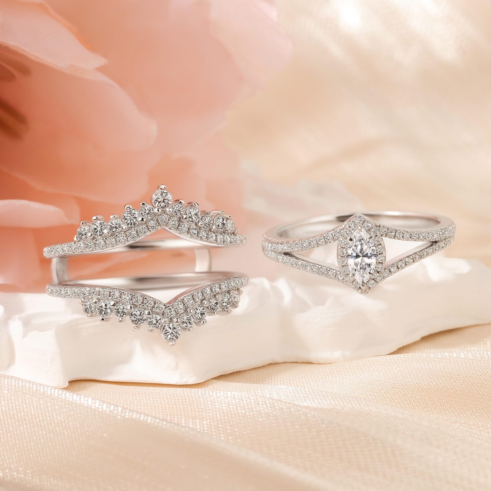 Damen Moissanit Ring Set Vintage Halo Marquise Vorsteckring 925er Sterling Silber Doppelring Rundschliff Stapelring Elegant Hochzeitsring Band Ring für Valentinstag Verlobung