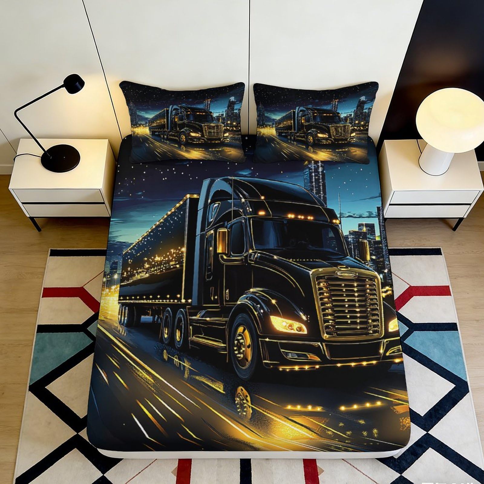 Zfldkwgb Style-2 3D Printed Night Truck Fitted Sheet Microfiber Soft Breathable Road Scene Bed Cover For Bedroom Dorm Decor 90X200x25cm