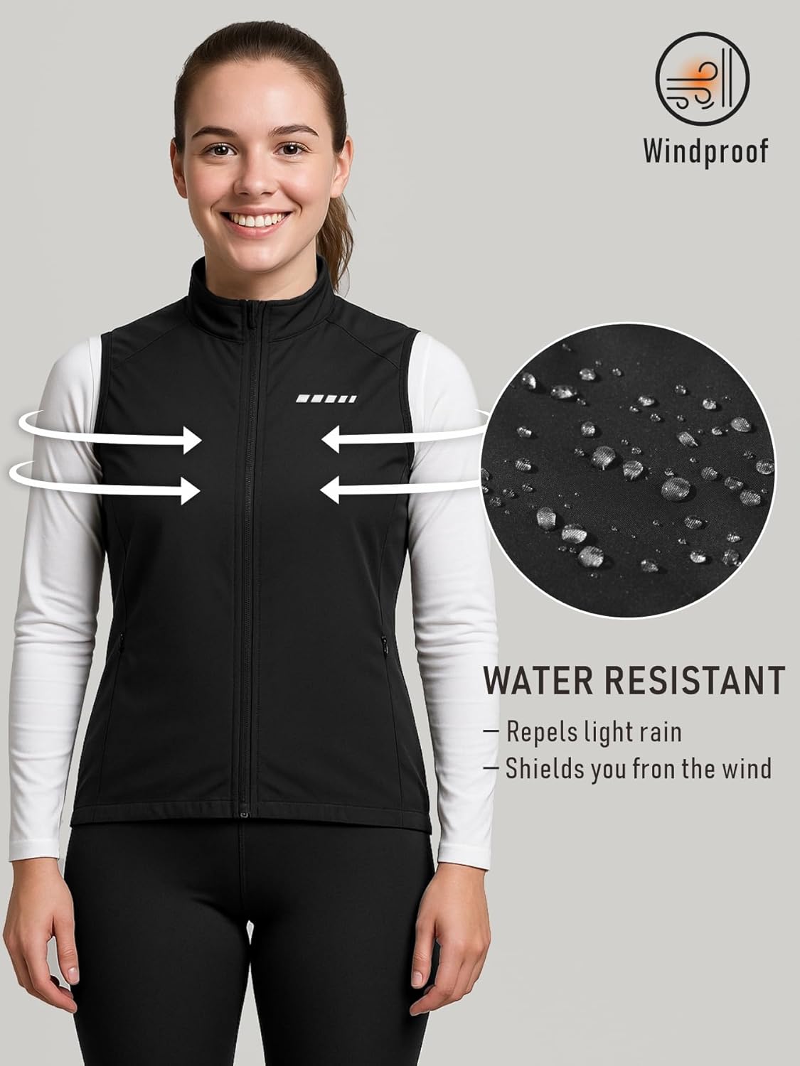 qualidyne Women's Windproof Cycling Vest, Full-Zip Winter Sleeveless Bike Jacket with Zip Pockets - Image 3