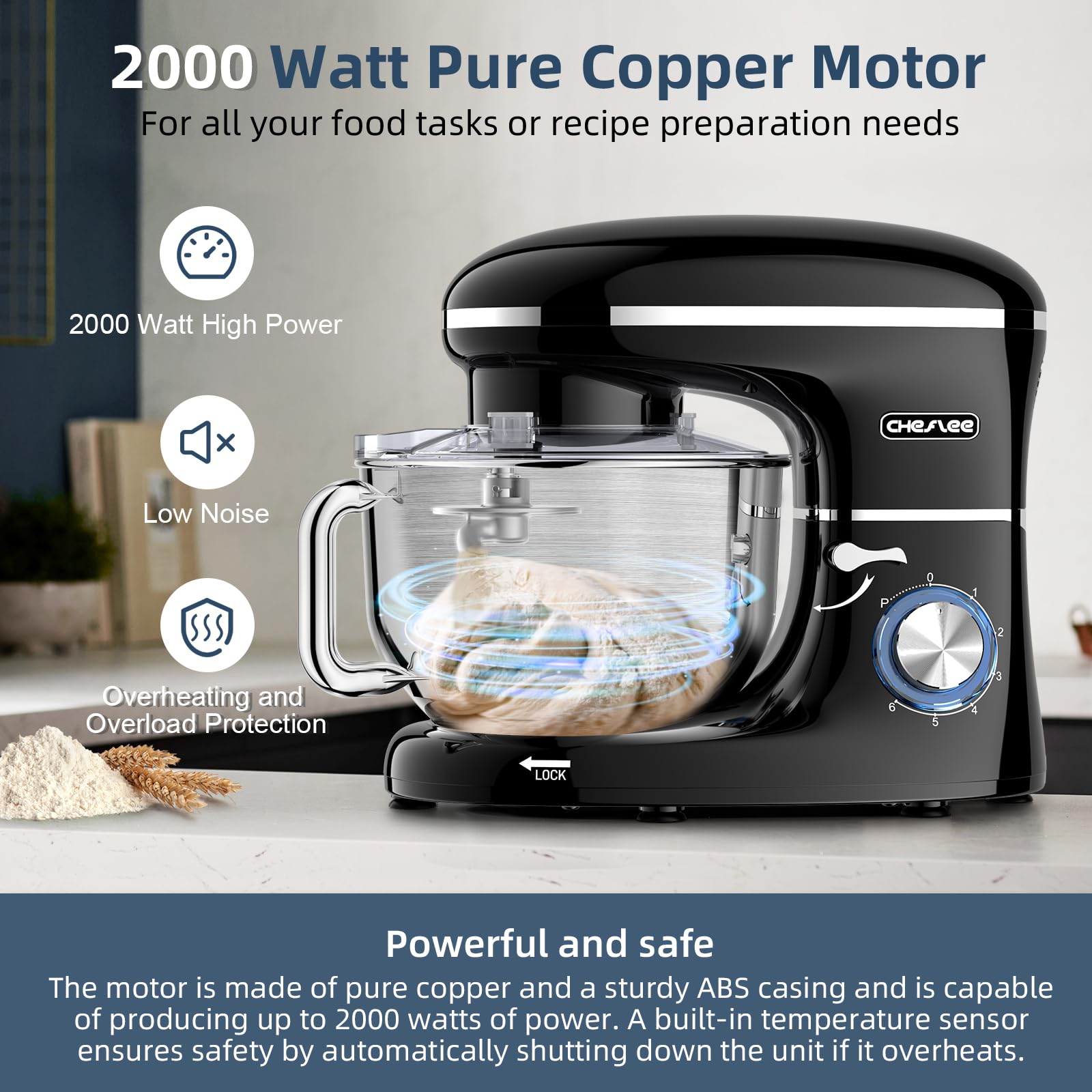 CHeflee Impastatrice Planetaria,2000W Robot da Cucina Multifunzione,6.2 L Ciotola in Acciaio inox,con Frusta,Gancio per Impastare,Frusta per Dolci,6 Velocità Impastatrice Professionale