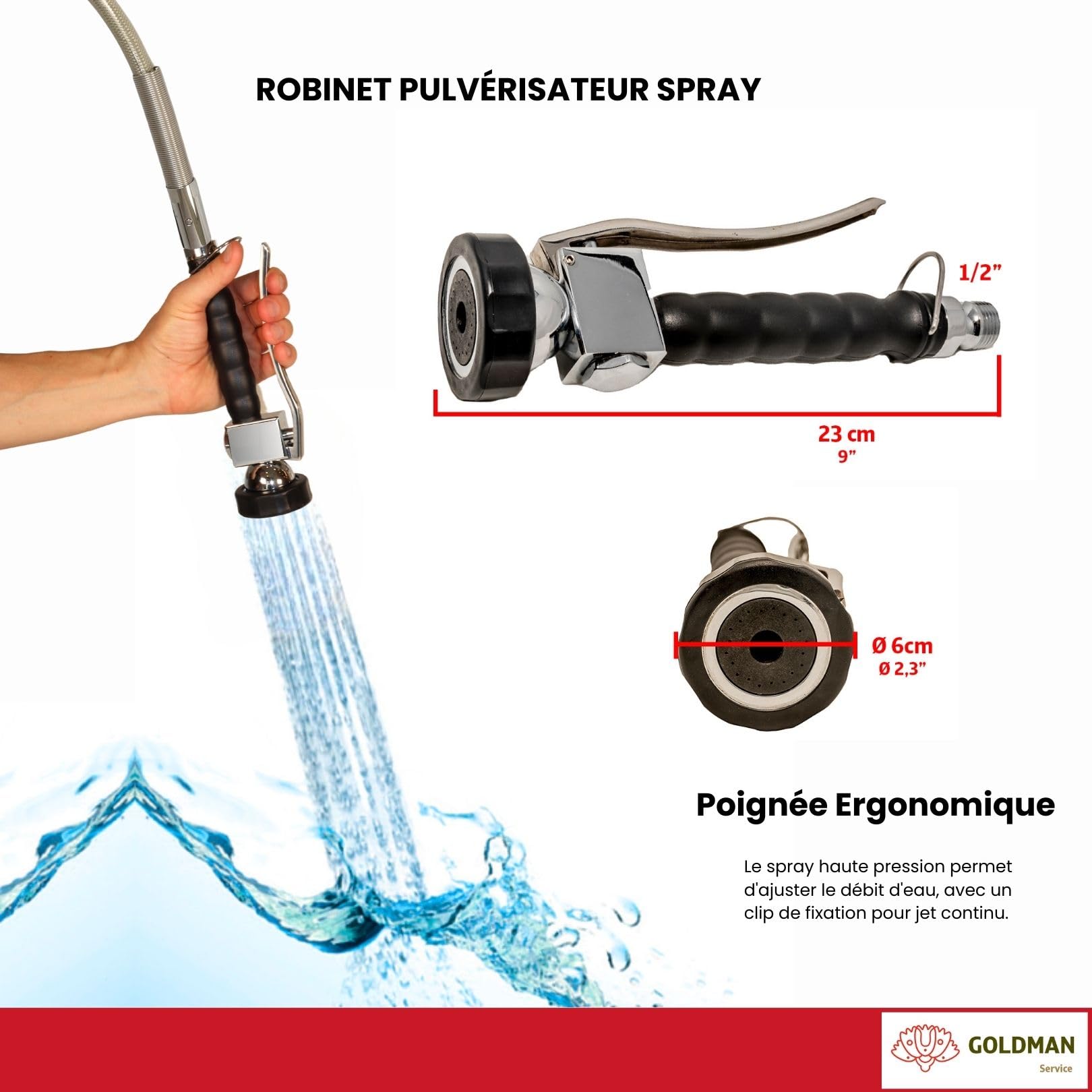GOLDMAN SERVICE | Kit robinet extensible pulvérisateur douche | Tuyau flexible en acier inoxydable renforcé pour cuisine industrielle hôtellerie