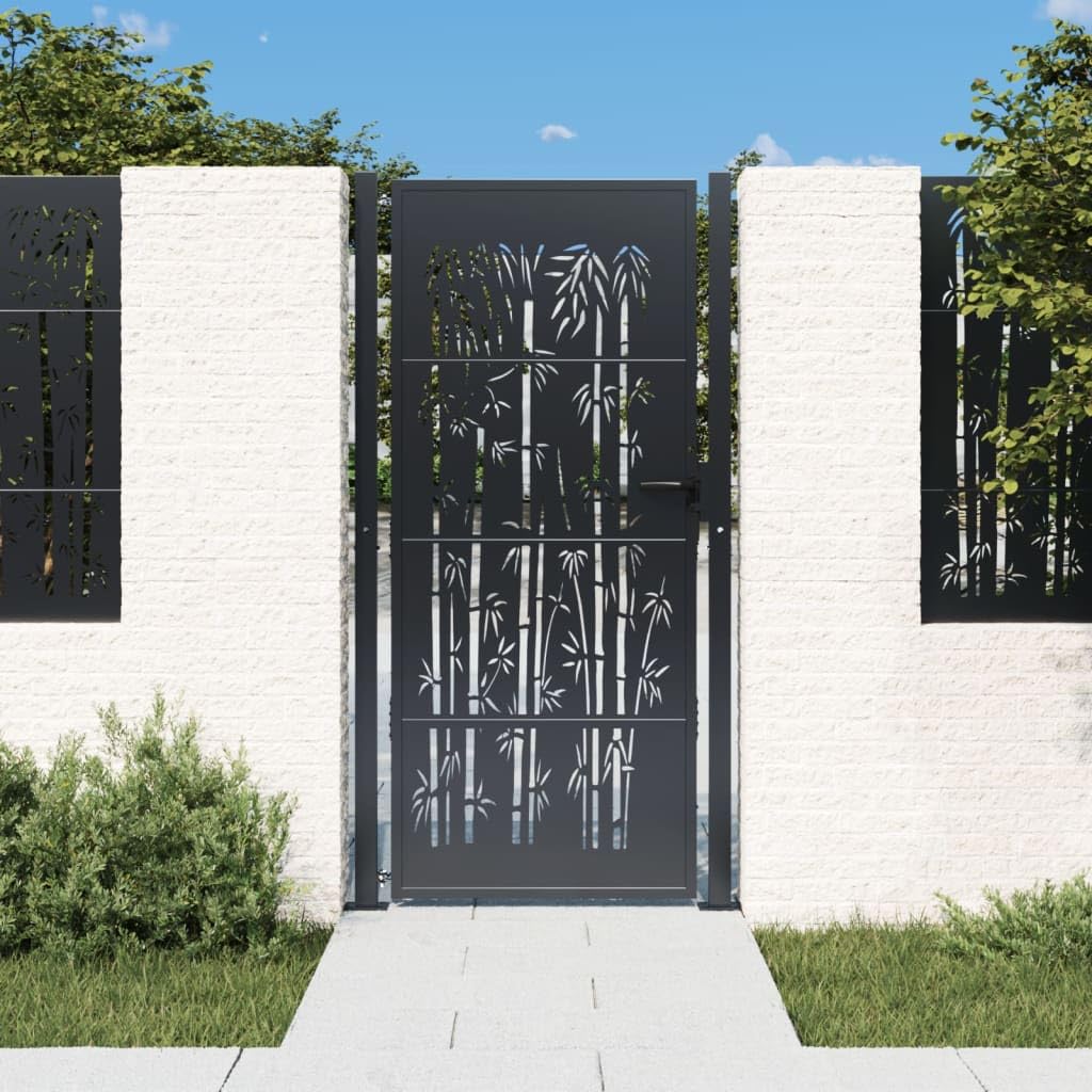 HUAKEHOM Gartentor Anthrazit Gartentür Abschließbar Hoftor Eingangstor für Garten Terrasse Tor Zauntor Gartenpforte 105x205 cm Stahl Bambus-Design