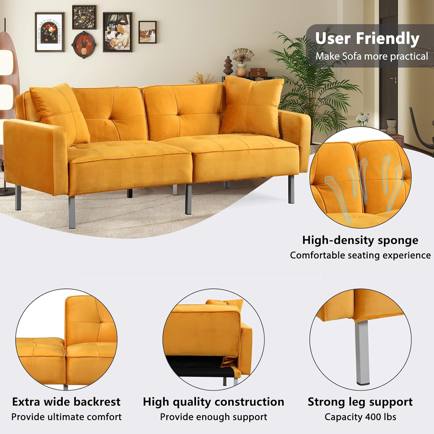 Linen Folding Futon Sofa Bed for Small Living Space, Home Office, Apartment, Dorm Upholstered Modern Convertible Loveseat Futon Couch, Sleeper Sofa Living Room Furniture (Yellow)