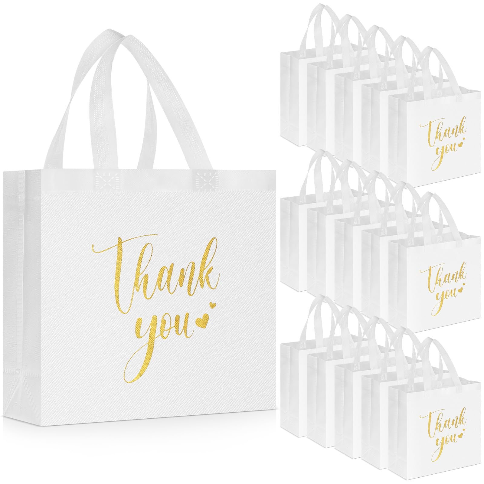 Sweetude 30 Pcs Thank You Gift Bags with Handles, Reusable Non Woven Foldable Goodie Bags Bulk for Graduation Teacher Appreciation Wedding Bridesmaid Favors(11 x 12 x 5 Inch,White)