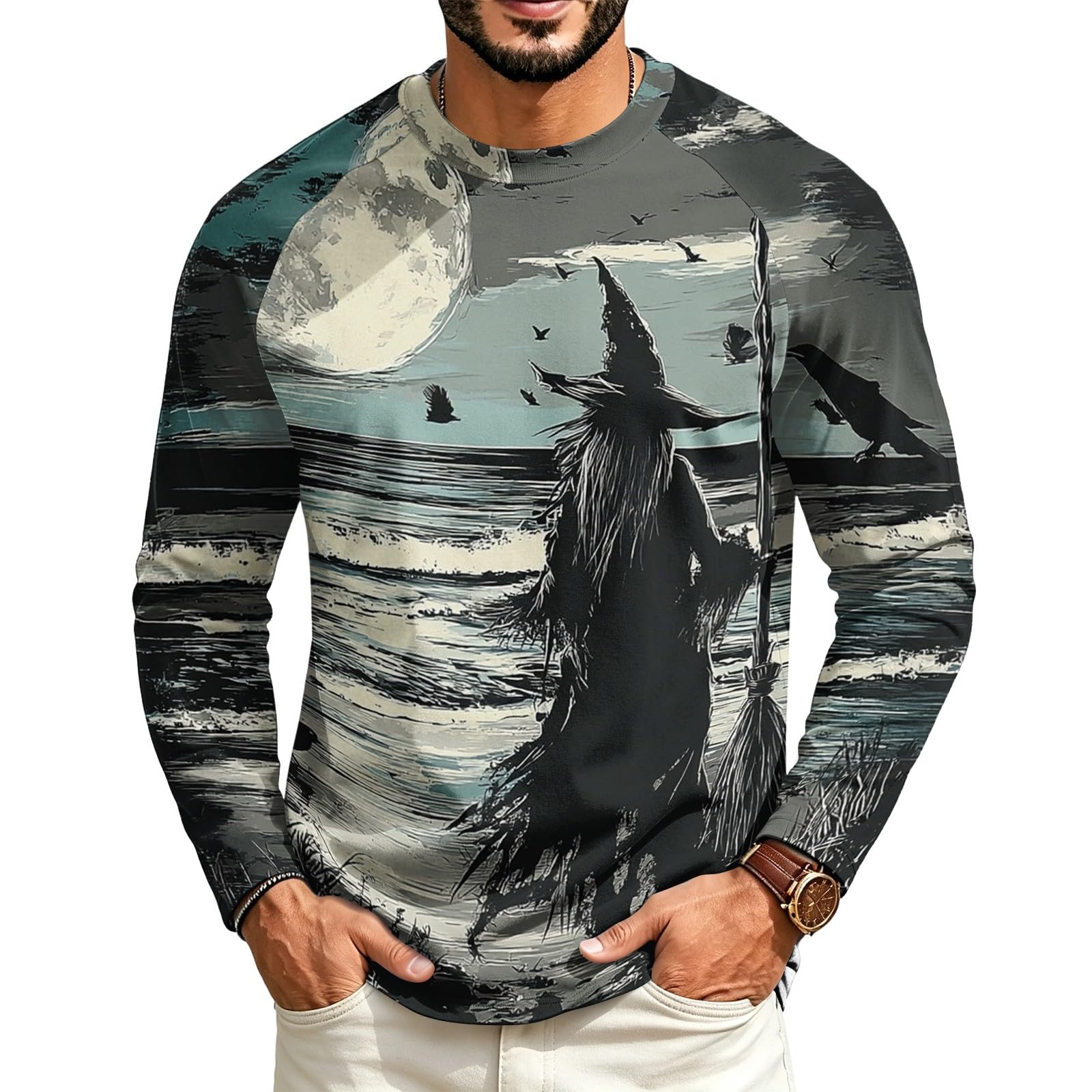 Halloween Crew Neck Shirts Costumes for Men Long Sleeve Fit Pumpkin Ghosts Print Casual Fashion Tops 2026๏ผ04-Black XL โ image 1