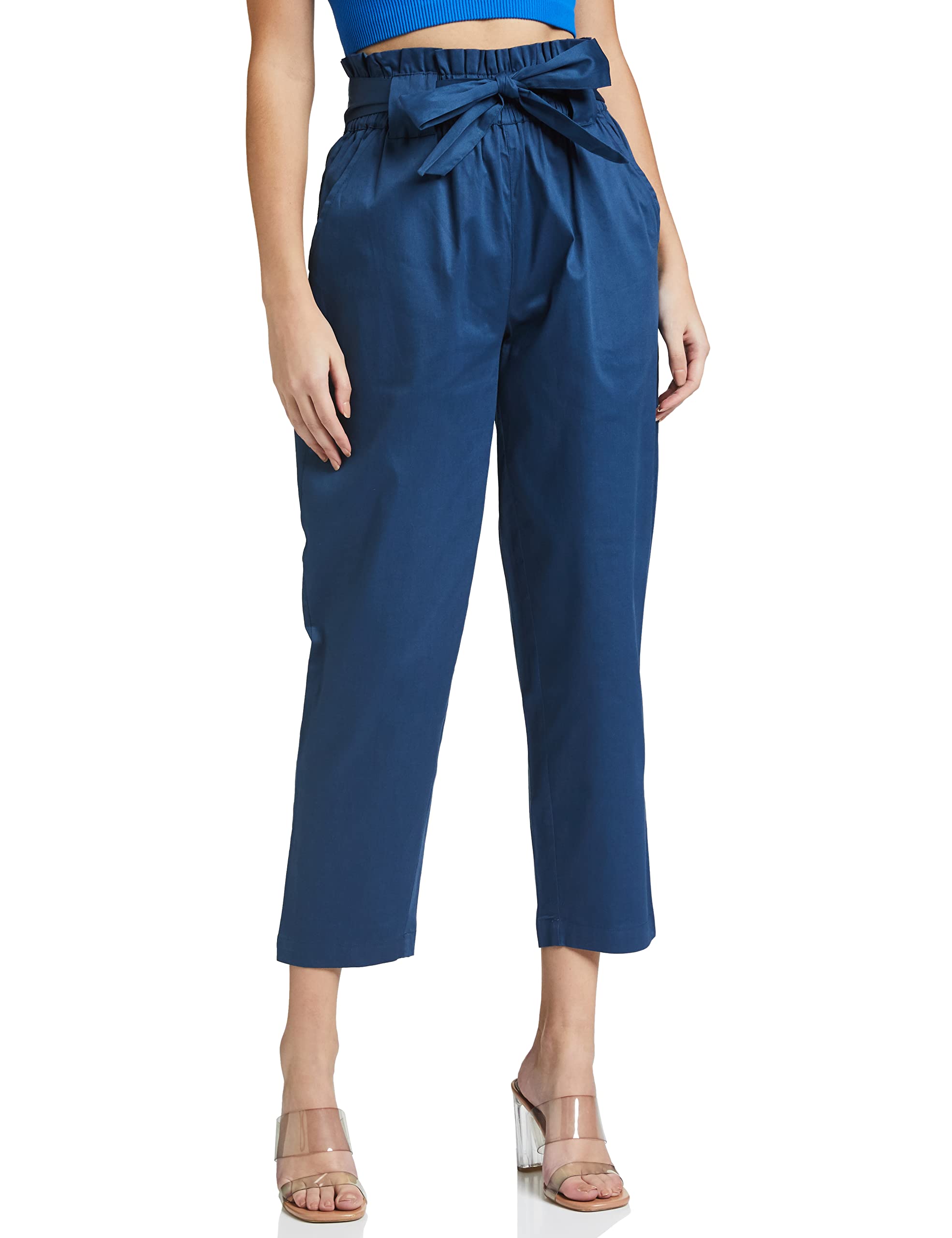 amazon brand - symbol Women's Slim High Rise Ankle Length Tapered Paper Bag Formal Trousers (with Self Fabric Belt)-picture-32