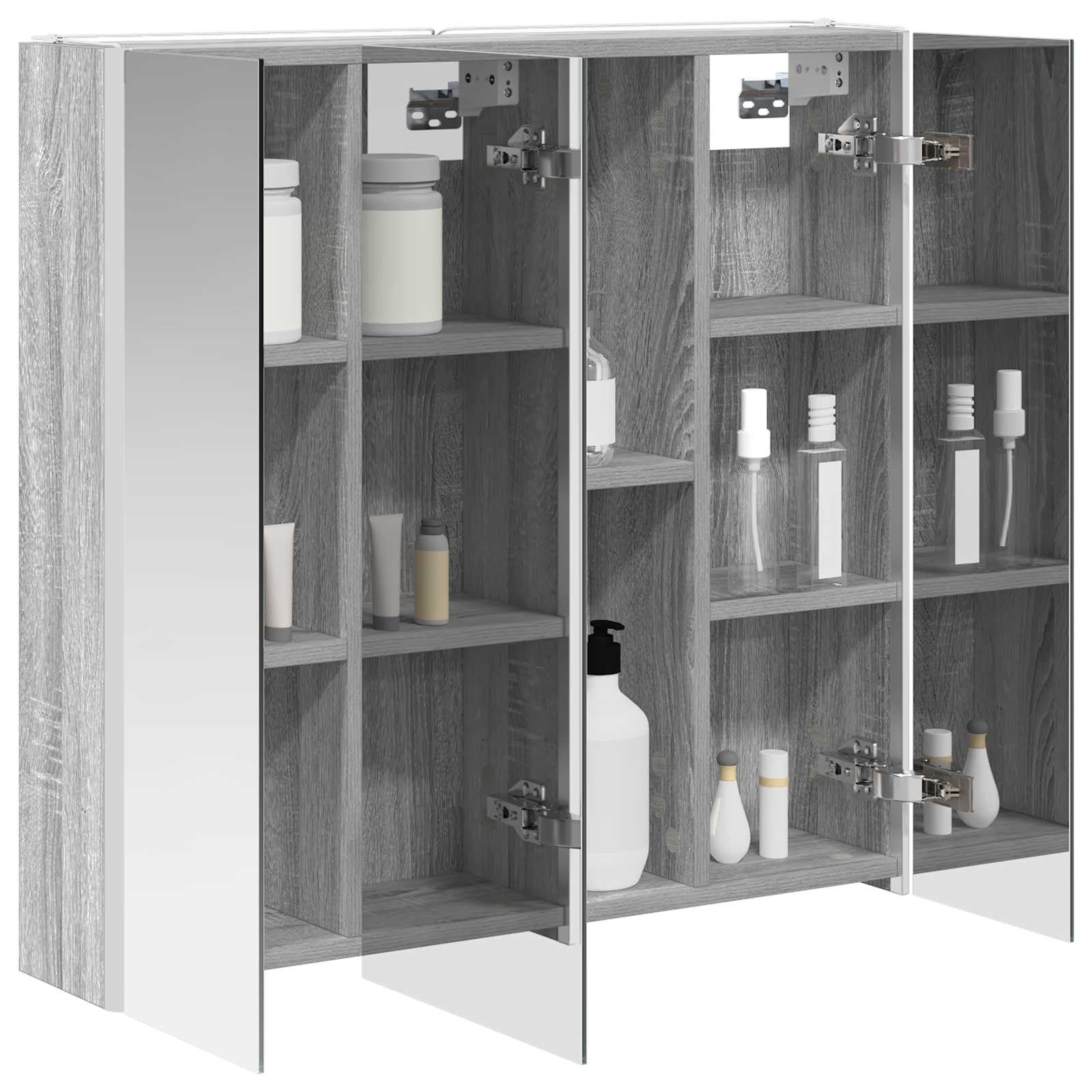 Sonoma szafka łazienkowa z lustrem szara, 73,5 x 15,5 x 70 cm, materiał drewnopochodny, z oświetleniem LED, dwa regały, złącze USB, montowana na ścianie, nowoczesne meble łazienkowe, schowek