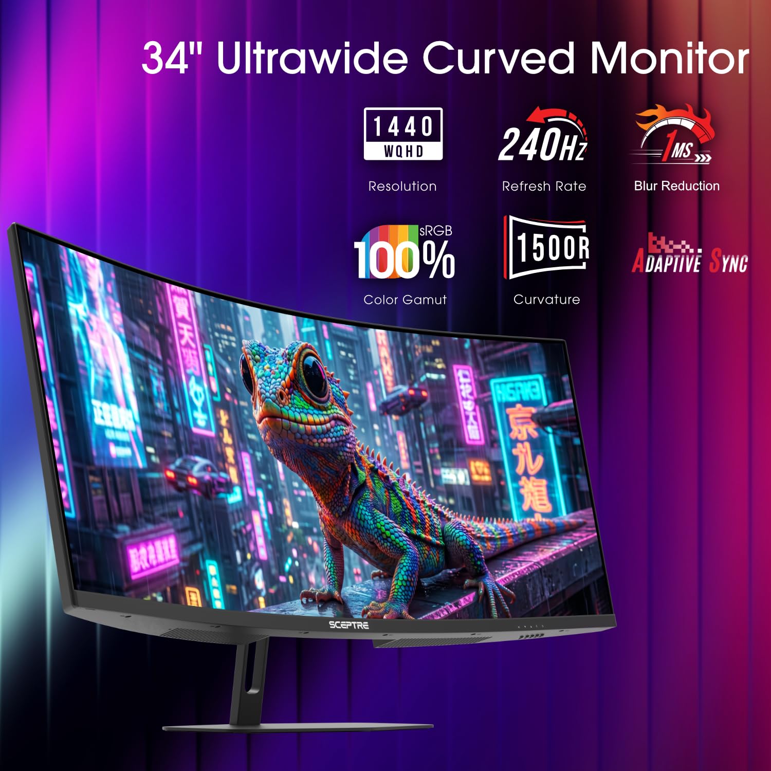 Sceptre - Monitor de Juego Curvo de 34" Prime 3440 x 1440 a 240 Hz 1500R 1 ms 100% sRGB DisplayPort x2 HDMI x2 Altavoces Integrados Machine Black 2027 (C345B-QU240T Series)