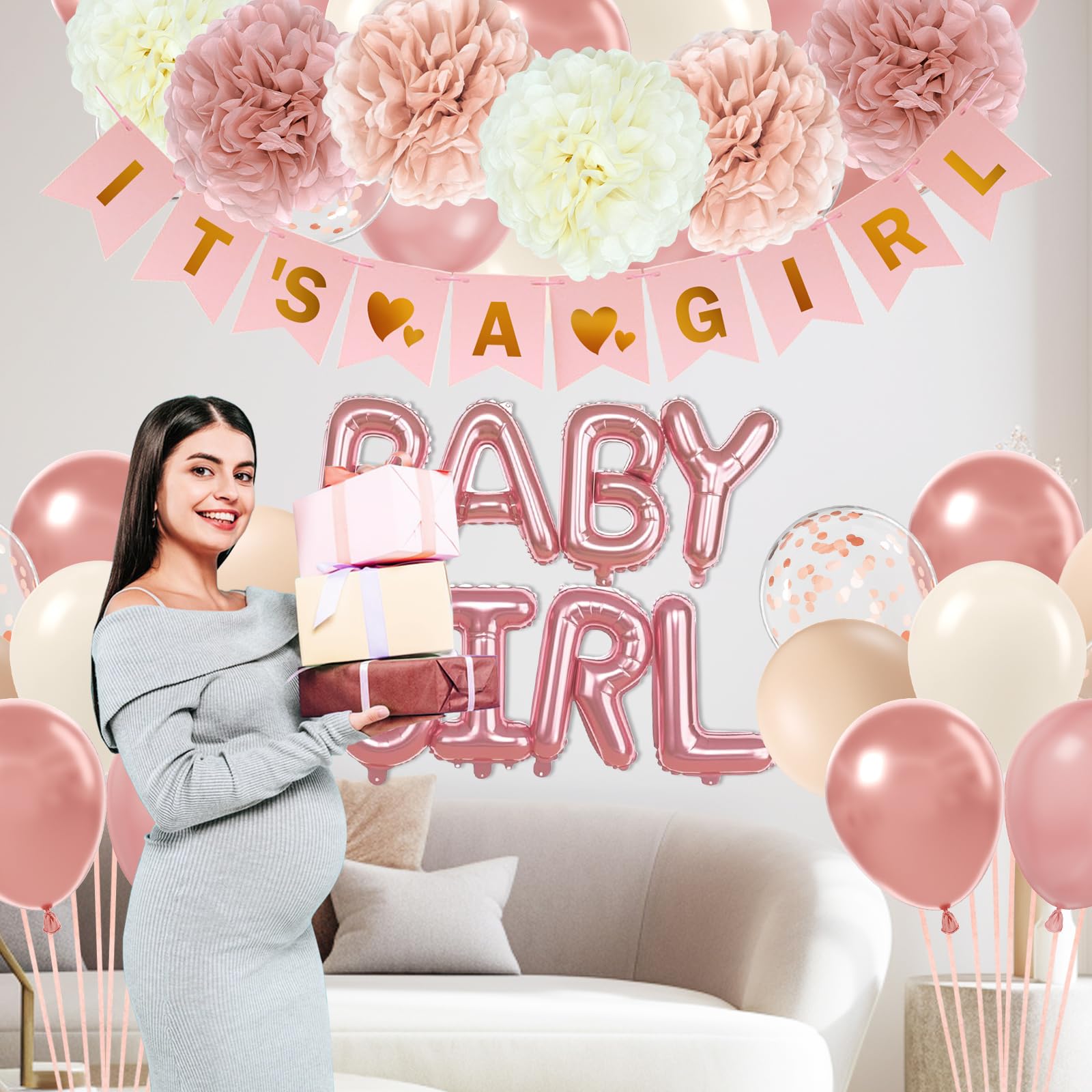 Pink Baby Shower Decorations with Ivory White Paper Pom Poms Rose Gold Dusty Pink Balloons Banner for Gender Reveal Birthday Party Baby Shower Decorations