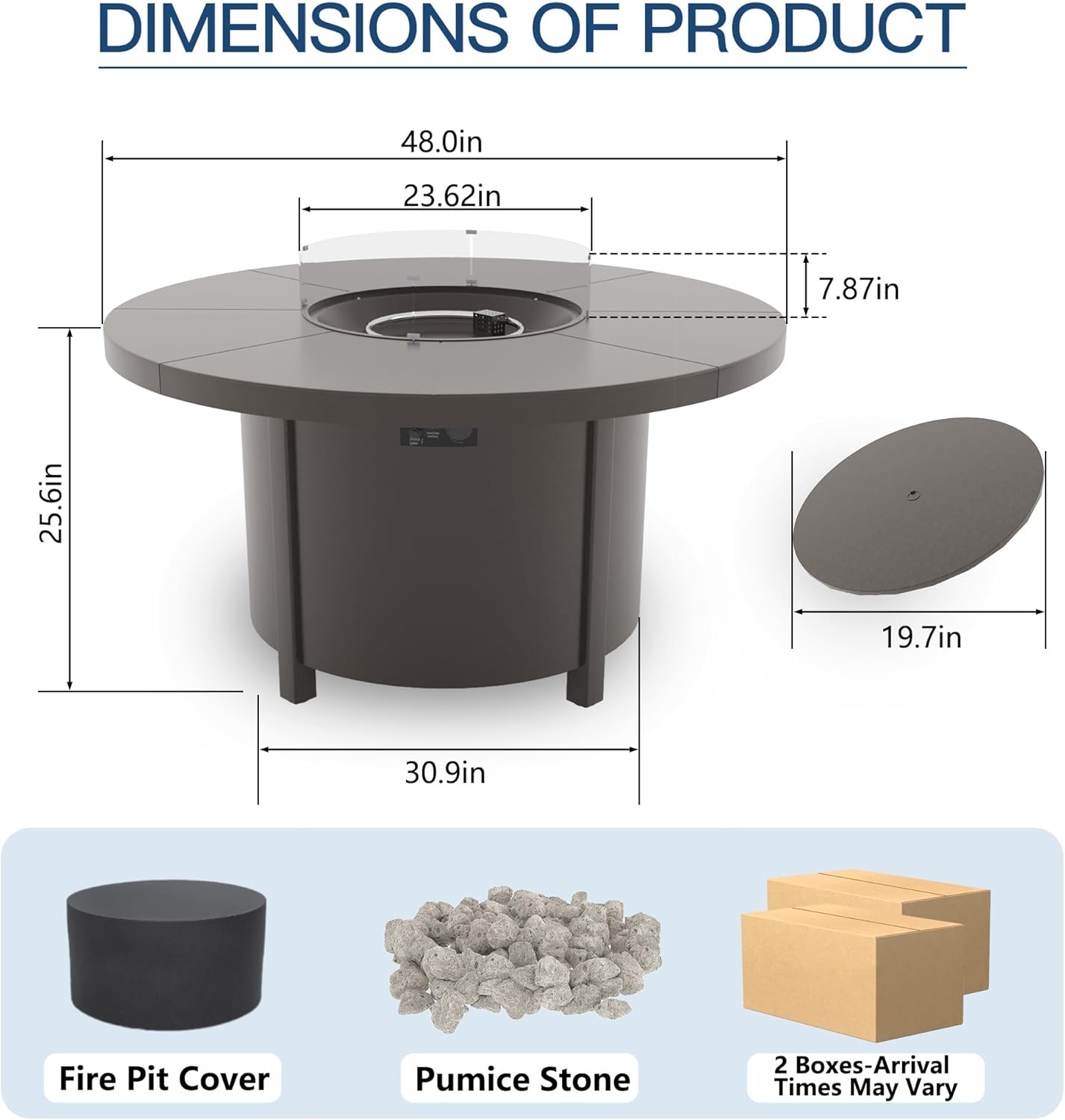 48" Round Propane Fire Pit Table,55000 BTU Round Firepit,Outdoor Fire Pit with Fire Glass,Lid,Waterproof Cover and Blue Glass Stone for Backyard,Garden,Patio