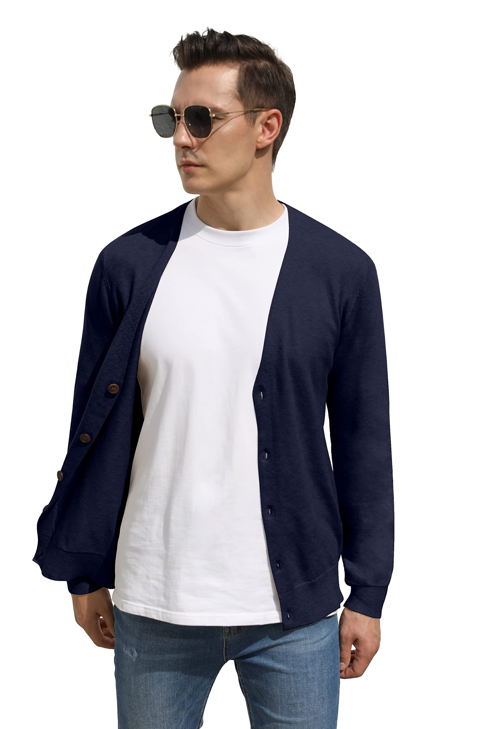 Hisir Men's Knit Cardigans Jumpers Lightweight Classic Soft Wool V Neck Cardigan with Buttons, Long Sleeve Knitwear Pullover Sweaters for Men, Mens Gift