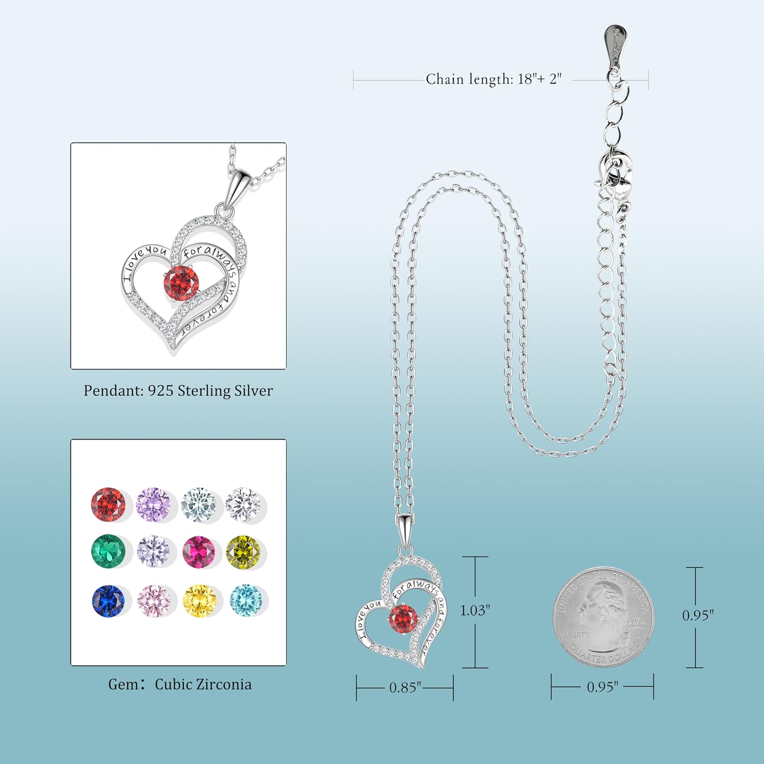 Birthday Gifts Double Heart Birthstone Necklace for Women, S925 Sterling Silver Pendant Necklace Jewelry for Her Mother Mom Wife Girlfriend