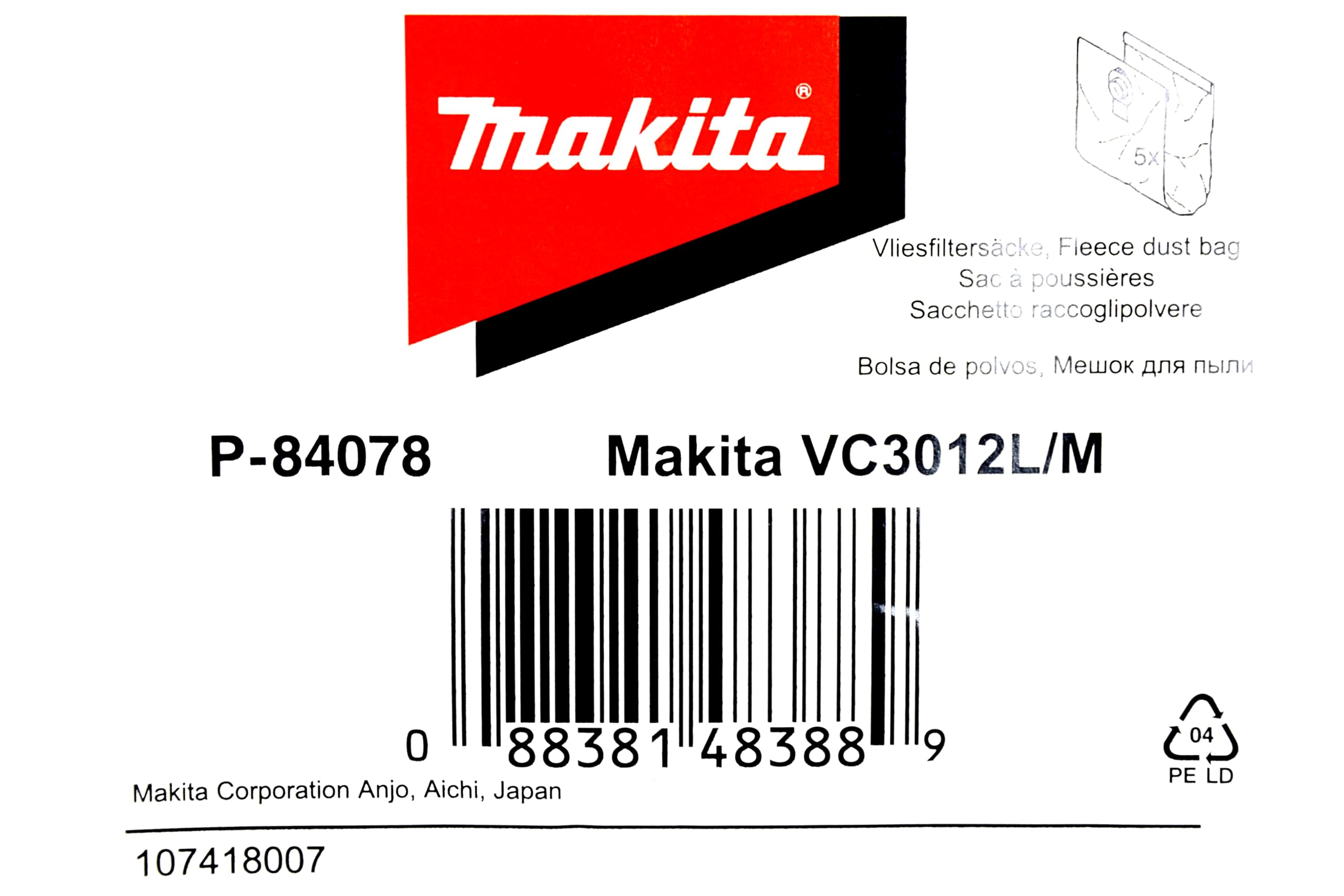 Makita P-84078 Worek filtrujący z polaru x5 Vc3012M, wielokolorowy