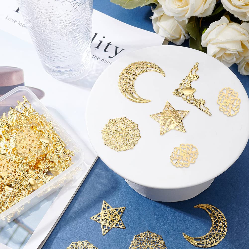 PH PandaHall 96pcs Iron Filigree Corner Embellishments Corner Protectors Hollow Triangle Wrap Connector with Filigree Pendant Connector Joiners Links Large Resin Fillers for Christmas Jewelry Making