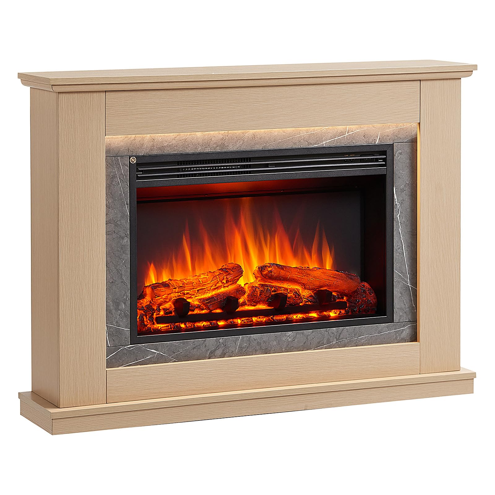 FLAMME 43 inch Electric Fire and Surround Suite, Casella Natural Oak | 2kW Heater (1000W/2000W), 5 Brightness Levels, Warm White Mood Light, Remote Control, 9-Hour Timer, Plug In