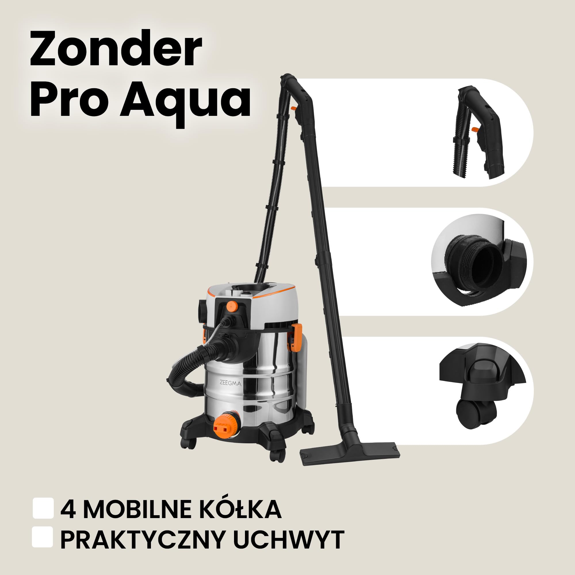 ZEEGMA ZONDER PRO AQUA Odkurzacz Piorący do Pracy na Mokro i Sucho 1400W, do Dywanów Samochodu Tapicerki Schodów, Zbiornik na Wodę Czystą 4 L, Zestaw Filtrów oraz Ssawek Piorących