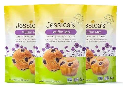 Jessica's Natural Foods - Mezcla de muffins sin gluten hecha con Teff de grano antiguo y harina de avena saludable, sin OMG y sin gluten. 3 por