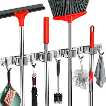 Mop and Broom Holder Wall Mount, Upgraded Broom Hanger Wall Mount, Stainless Steel Broom Organizer for Closet Garage Laundry Room Kitchen Wall Decor4Racks 5Hooks Silver