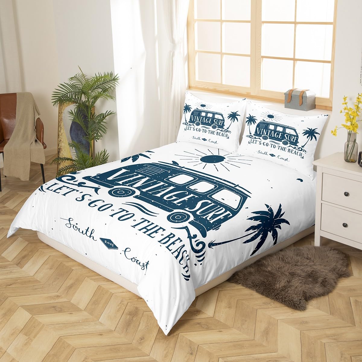Manfei Summer Surf Duvet Cover Set Single Size, Tropical Palm Trees Bedding Set 2pcs for Kids Boys Girls Room Decor, Surfing Trailer Truck Comforter Cover Soft Polyester Quilt Cover with 1 Pillowcase - Image 2