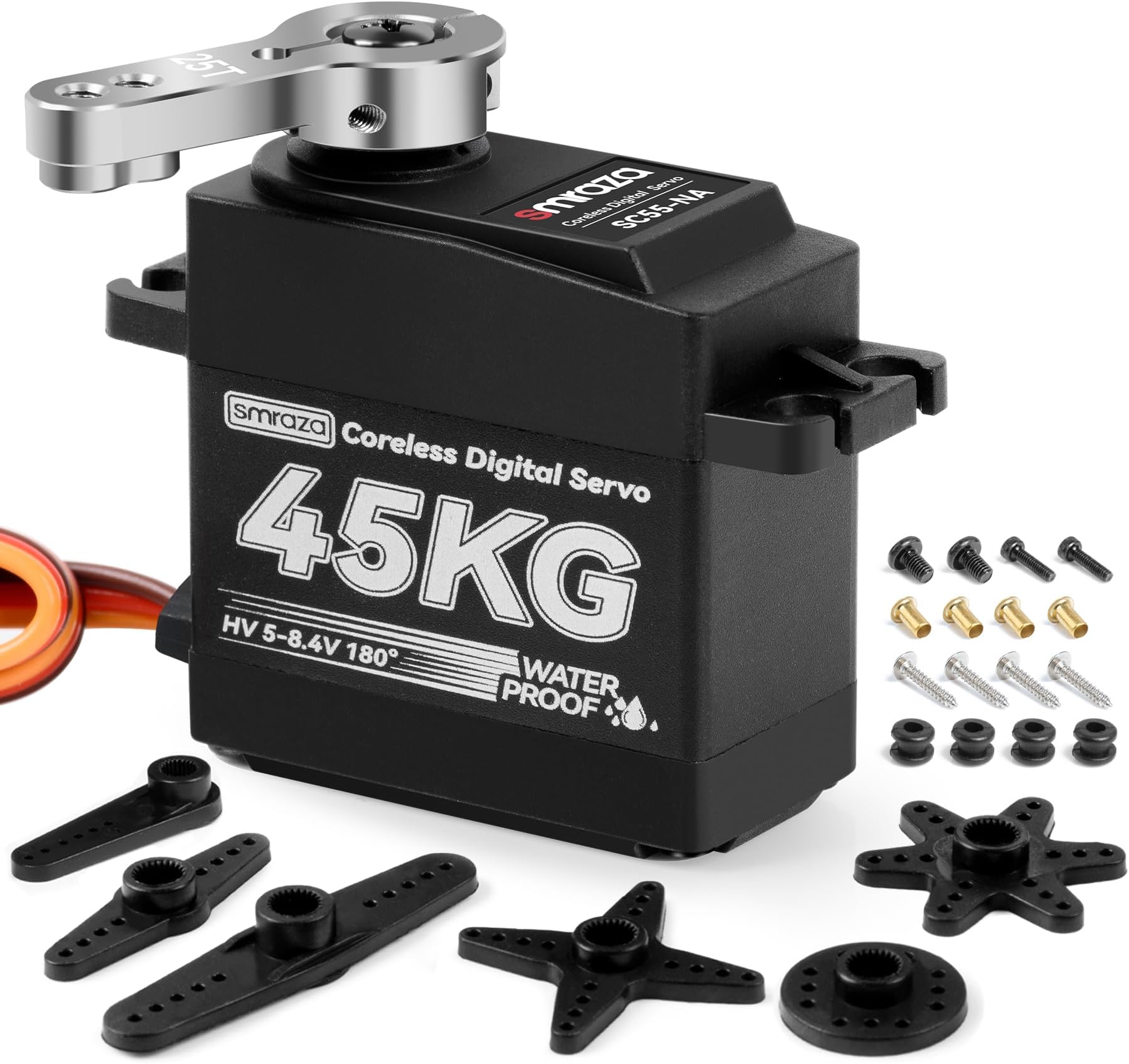 45KG Coreless Servo Motor High Torque Steering: Smraza 8.4V Waterproof Servo Digital Stainless Steel Gear Servo for RC 1/10 1/8 1/12 Scale Car Truck Crawler/Robot/Boat with 25T Servo Horn(180°)