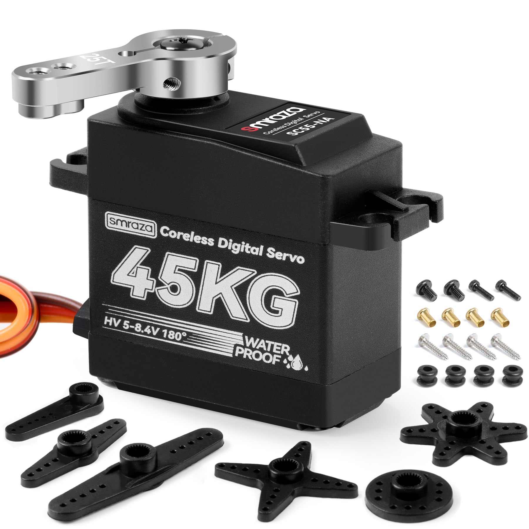 Smraza 45KG Coreless Servo Motor High Torque Steering: 8.4V Waterproof Servo Digital Full Metal Gear Servo for RC 1/10 1/8 1/12 Scale Car Truck Crawler/Robot/Boat with 25T Servo Horn(180°)