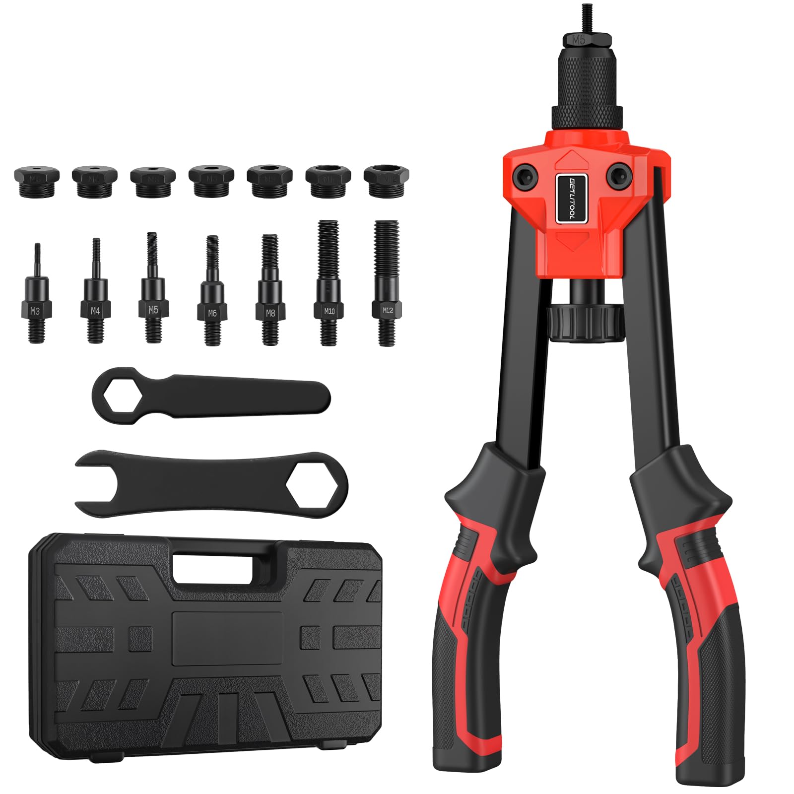 GETLITOOL Pince à Rivets Professionnelle Riveteuse Manuelle avec 7 PCS Mandrins M3 M4 M5 M6 M8 M10 M12，Pistolet à Riveter à Hôte Unique avec Étui de Transport pour Automobile,Meubles,Instruments