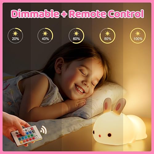Miniatura 3 de Mubarek Luz nocturna para niños, lámpara de conejo, 16 colores + control remoto, luz nocturna para niños, bonita luz nocturna para niñas, luces