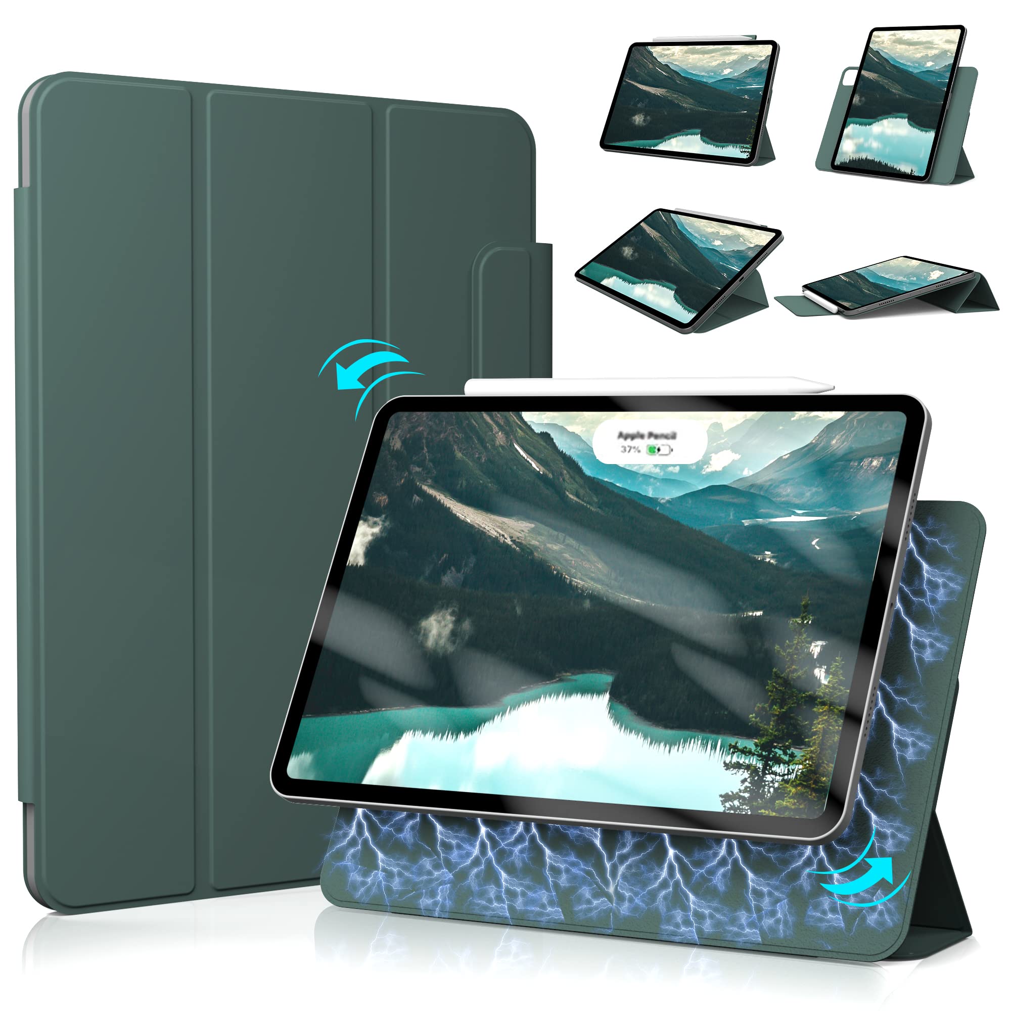 KSML Hülle für iPad Pro12.9 Zoll 2022/2021/2020 (6./5./4.Generation) mit Stifthalter,2 in1 Abnehmbare Abdeckung,Unterstützt Pencil 2 Aufladung,Transparente Rückseite,Auto Schlaf/Weck Dunkelgrün