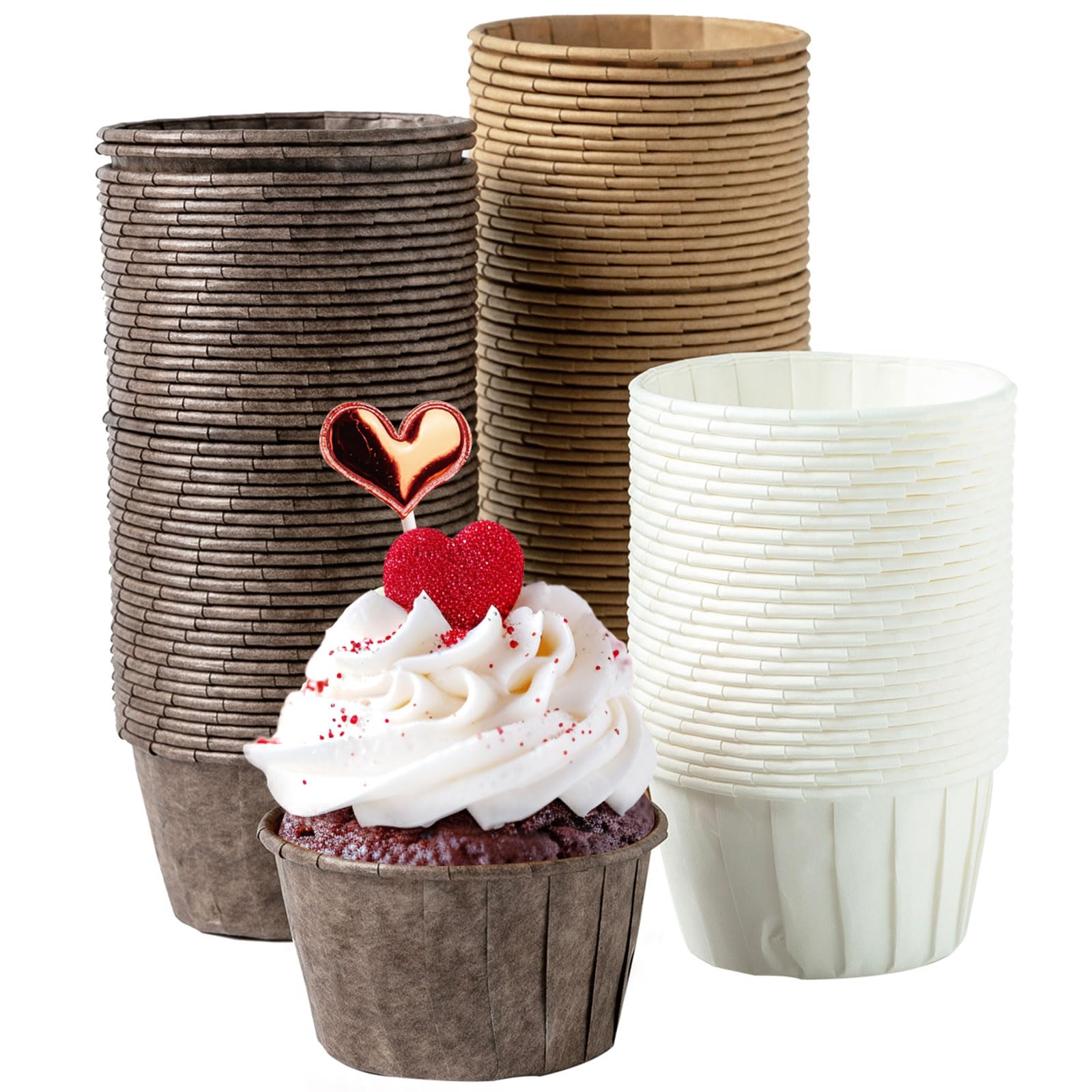 katbite Standardowe foremki do muffinek, ciężkie papierowe foremki do pieczenia babeczek, 150 sztuk, jednorazowe foremki do muffinek z woskowanego papieru, na wesela, urodziny, imprezy, białe, brązowe