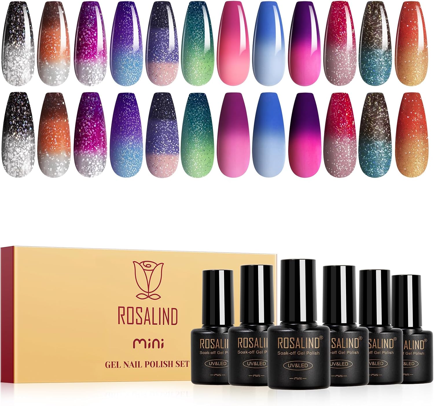 ROSALIND 12PCS Color Changing Gel Nail Polish Set, Temperature Mood Change Colors Red Pink Purple Gel Polish Soak Off Long Lasting Suitable for Home and Salon