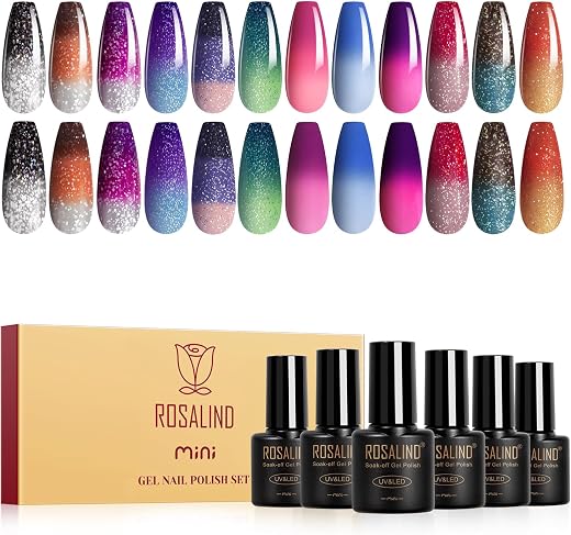 ROSALIND 12PCS Color Changing Gel Nail Polish, Temperature Mood Change Red Pink Purple Blue Colors Gel Polish Soak Off UV ...