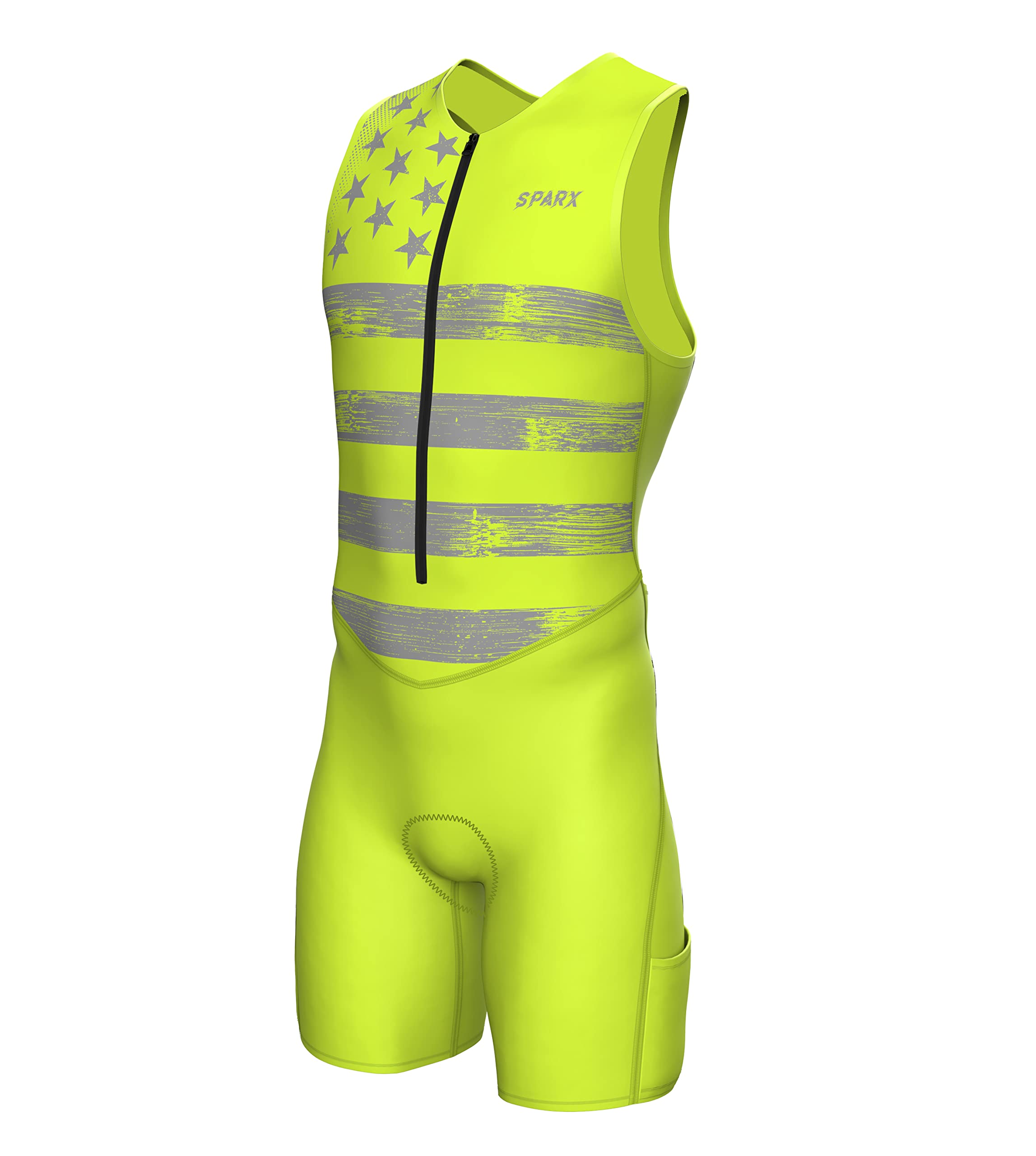 SPARX Mens Premium Triathlon Suit Padded Triathlon Tri Suit Race Suit Swim Bike Run (Neon Flag, S)