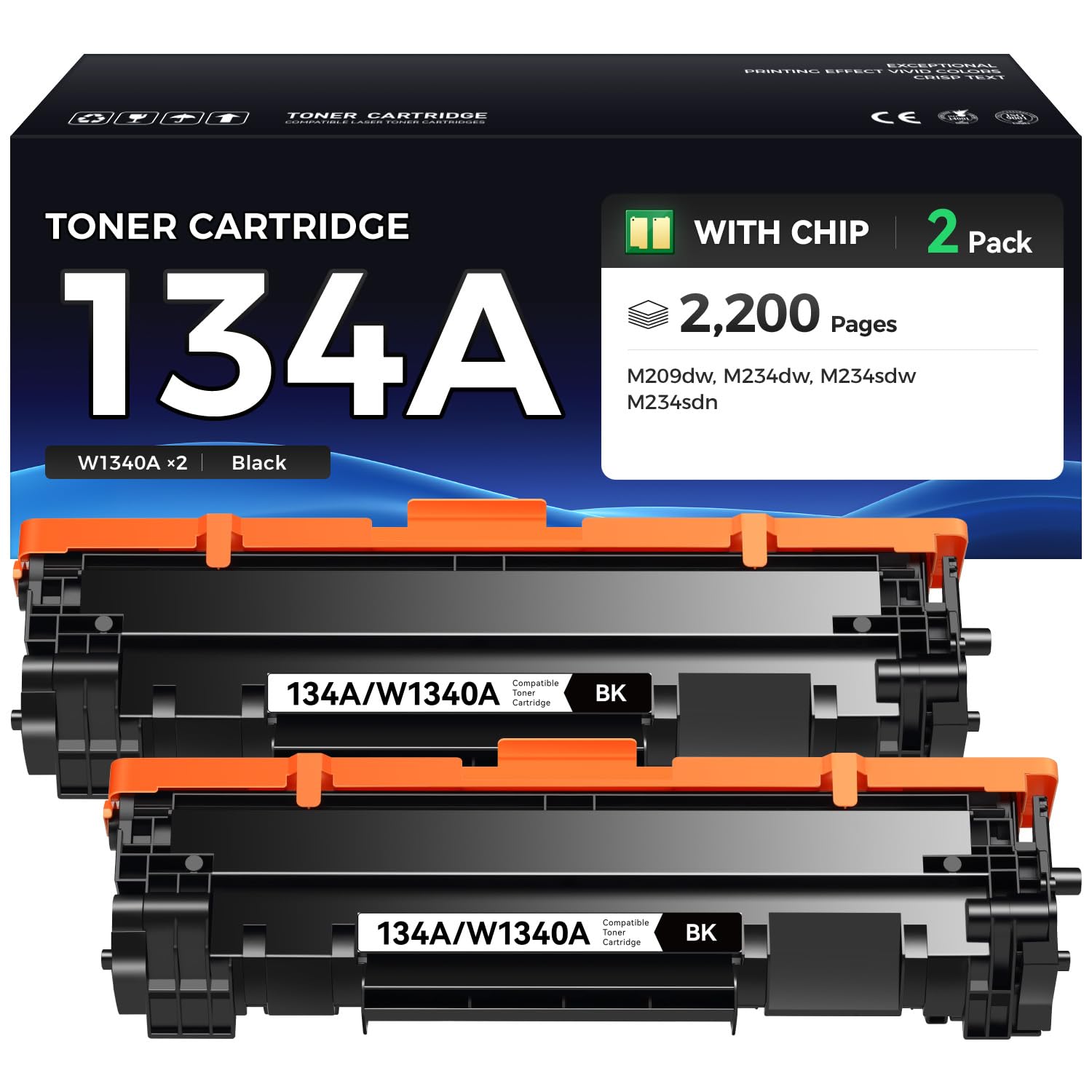 134A W1340A Black 2-Pack Toner Cartridge Set High Yield with Chip Replacement for HP 134A W1340A 134X W1340X Toner Cartridge Compatible with HP Laserjet M209dw MFP M234dw M234sdw M234sdn Printer Ink
