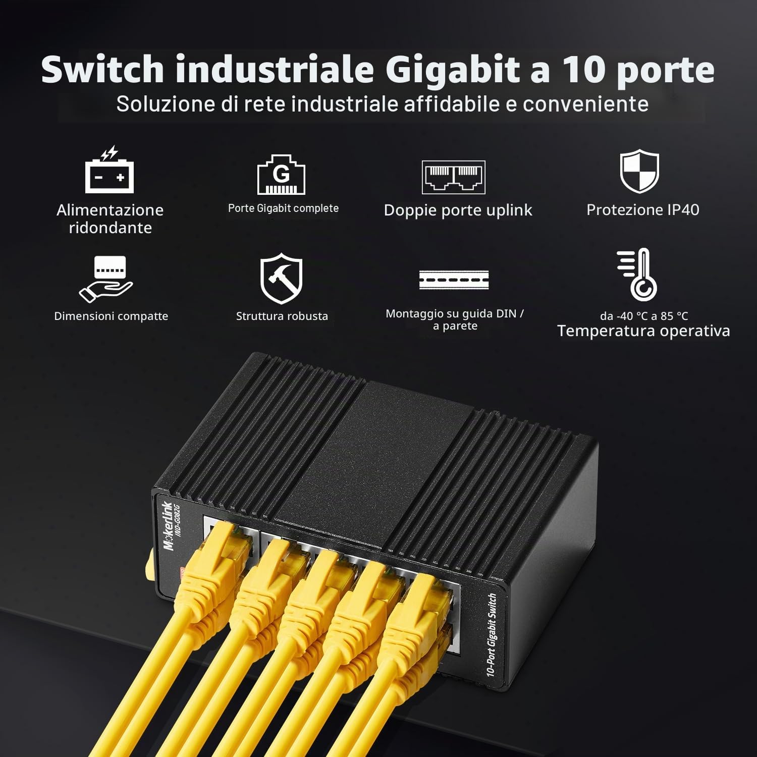 MokerLink Switch Ethernet industriale DIN-Rail Ethernet a 10 porte, switch di rete IP40 non gestito (da -40 a 185 °F), formato mini, con alimentatore