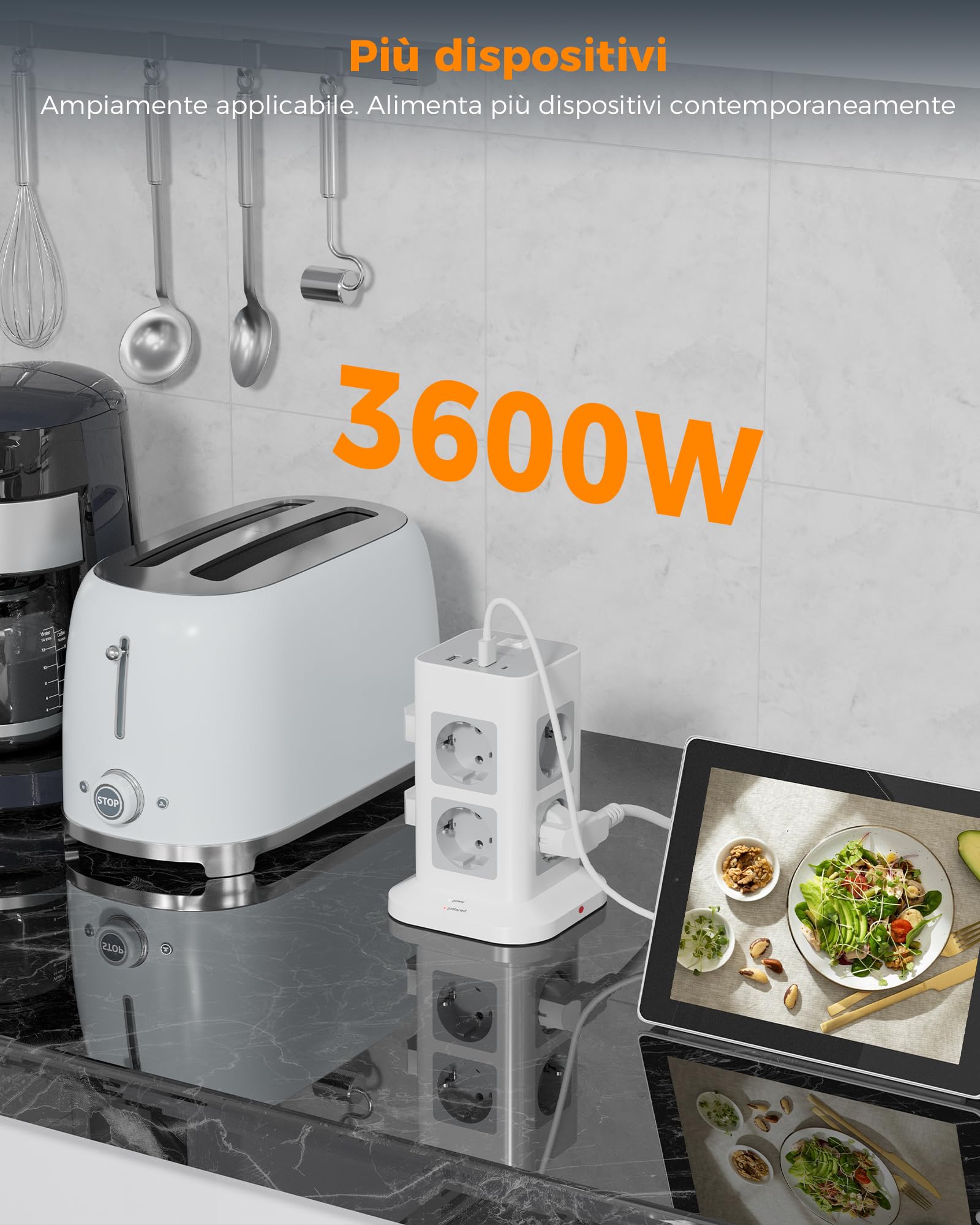TESSAN Ciabatta Multipresa 8 Schuko con 4 USB, Torretta Multipresa con Interruttore e Prolunga Elettrica 2 Metri, 15W Ricarica rapida per Phone, Pad, Adattatore per Ufficio, Casa, Grigio