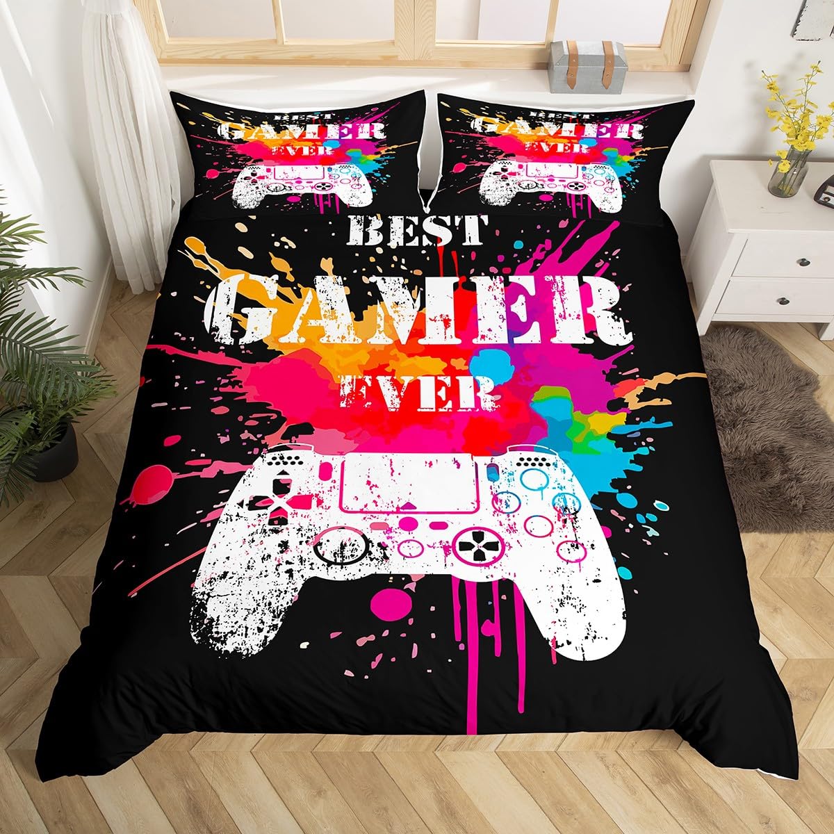 Loussiesd Gamer Duvet Cover Super King Video Game Inkjet Game Bedding Children and Teenagers Game Board Color Tie and Dye Watercolor Bedding Set Comes with 2 Pillowcases — image 1
