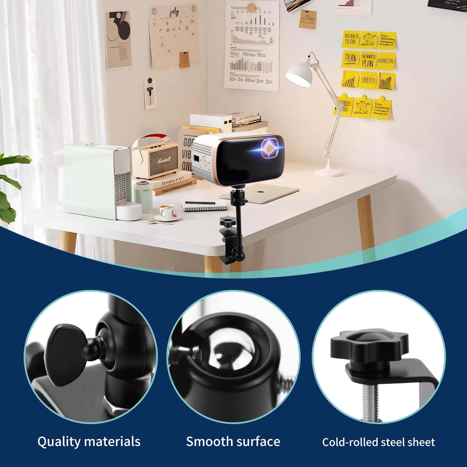 Supporto Per Proiettore, Morsetti A C Supporto Proiettore Regolabile con Rotazione, Scrivania Staffa Proiettore in Metallo con Vite da 1/4" per Home Cinema, Ufficio, Sala Giochi