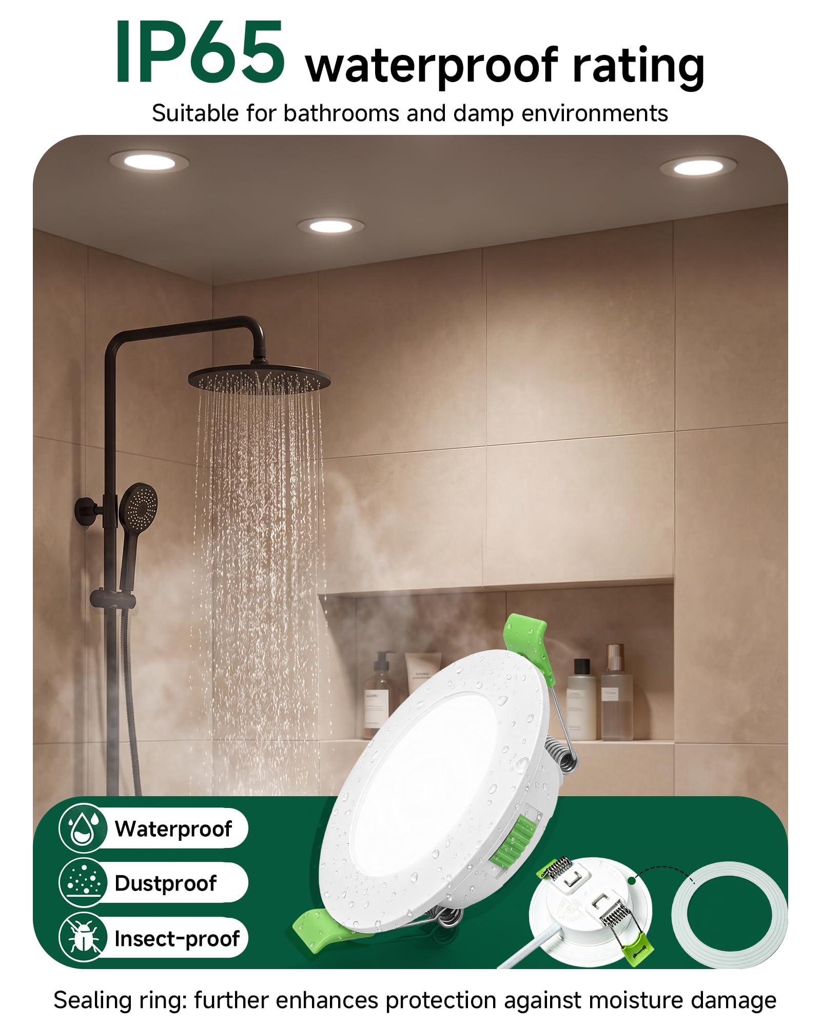 12er Set LED Einbaustrahler 230V, IP65 LED Spots Dimmbar, Deckenspots mit 3000K/4000K/6500K, 5W, 400-450 Lumen, CRI>80, für Badezimmer, Küche, Wohnzimmer, Lochmaß Φ75-85mm, Weiß